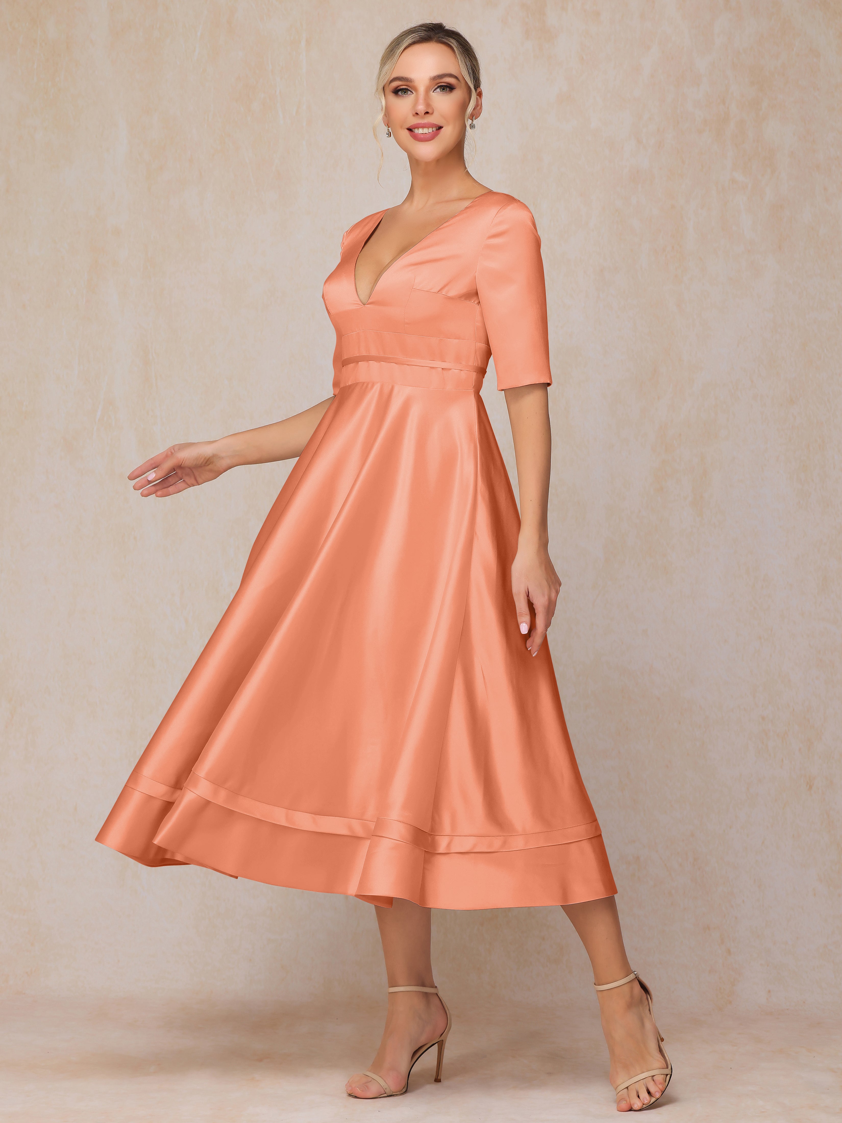 V Neck Short Sleeves Tea Length Satin Mother Of The Bride Dress