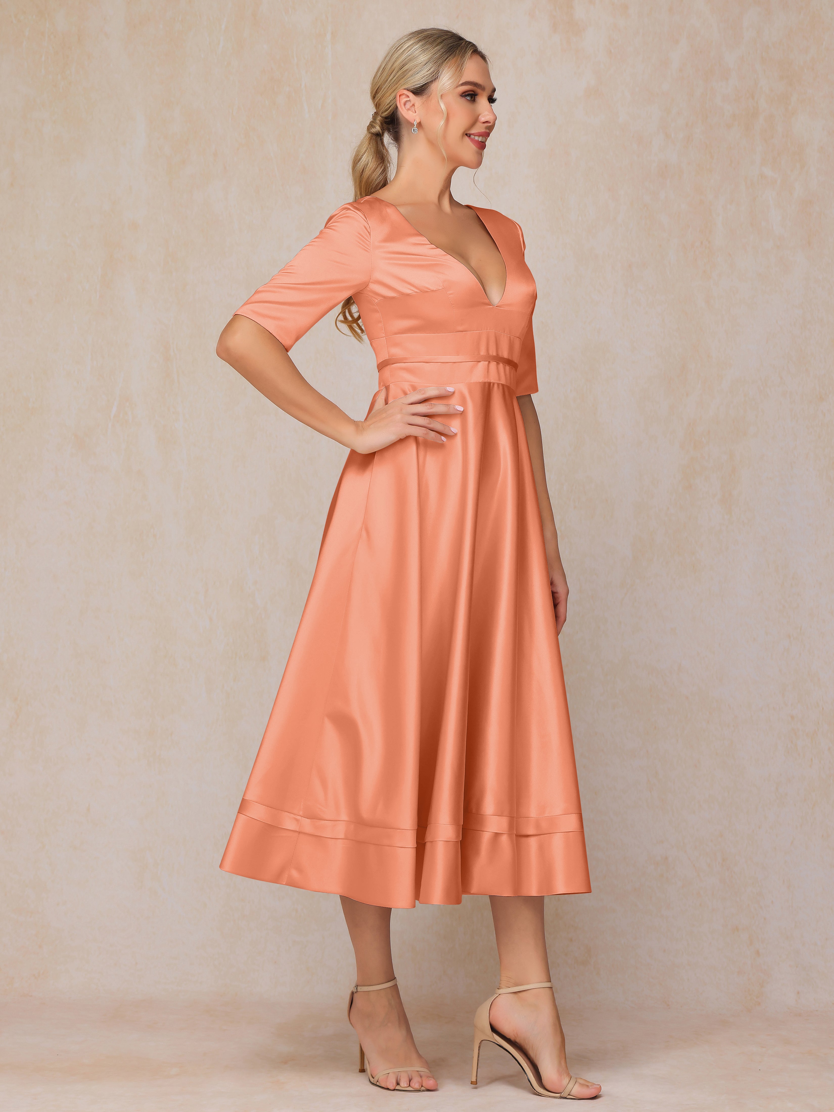 V Neck Short Sleeves Tea Length Satin Mother Of The Bride Dress