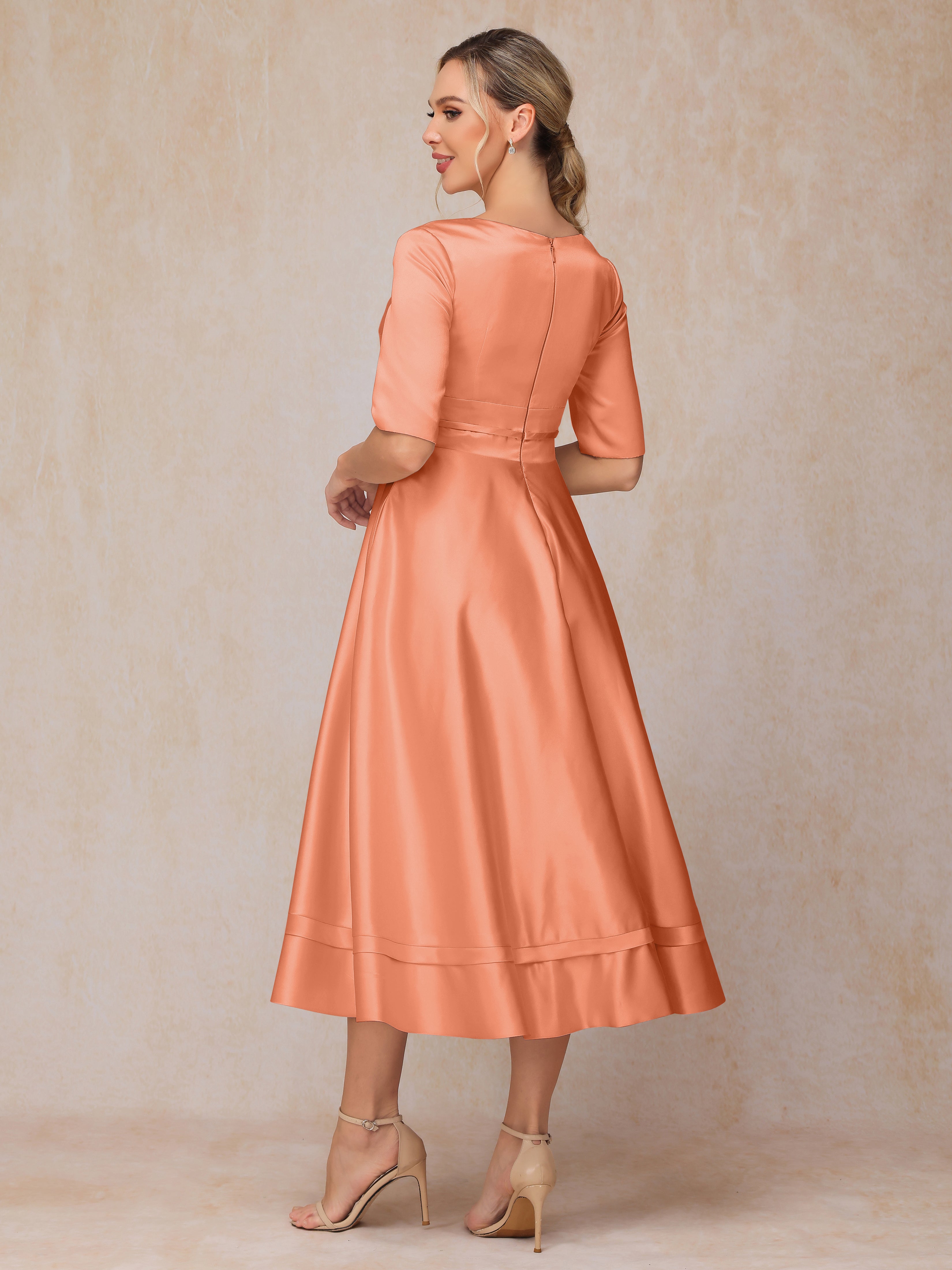 V Neck Short Sleeves Tea Length Satin Mother Of The Bride Dress