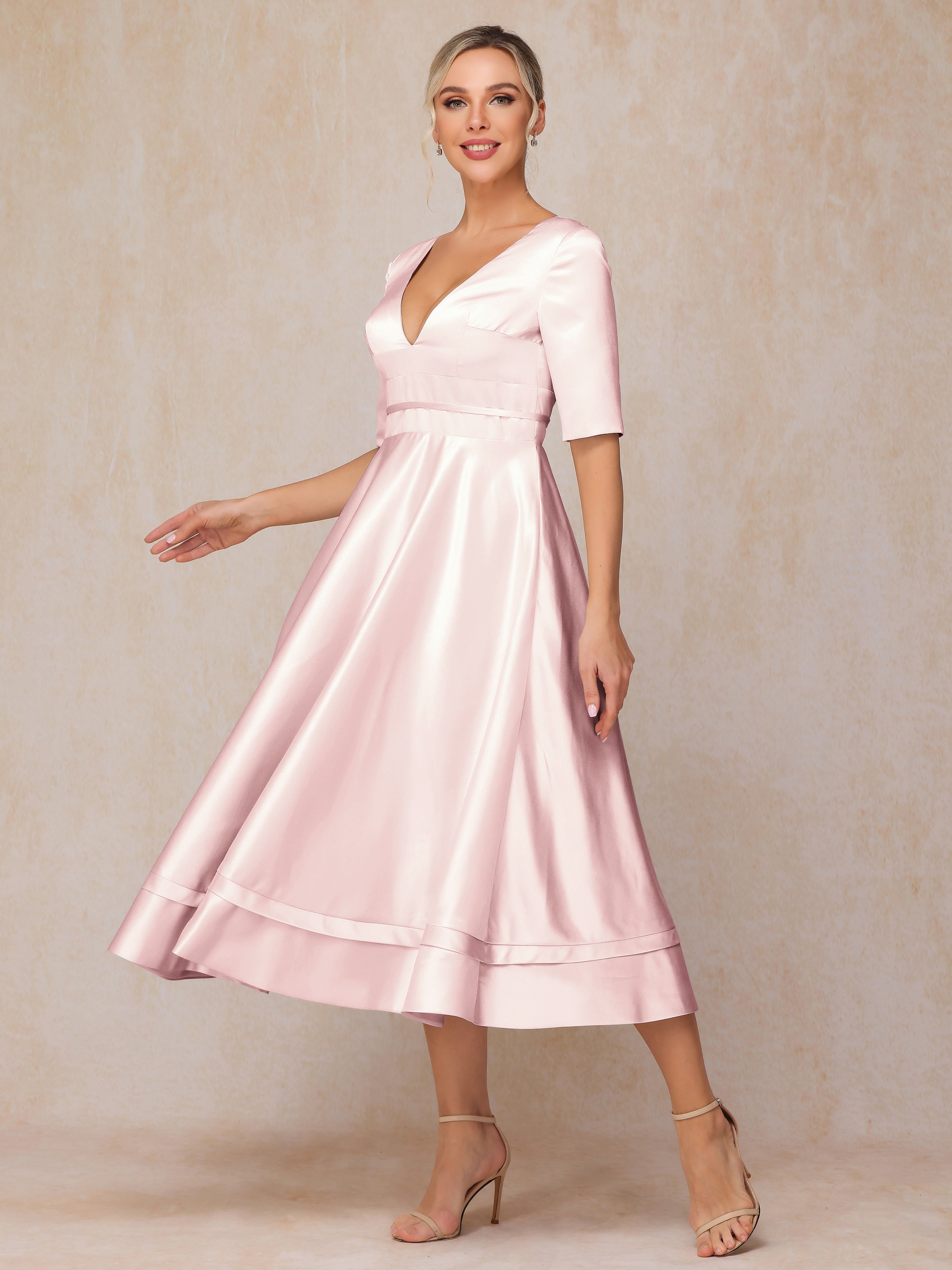 V Neck Short Sleeves Tea Length Satin Mother Of The Bride Dress