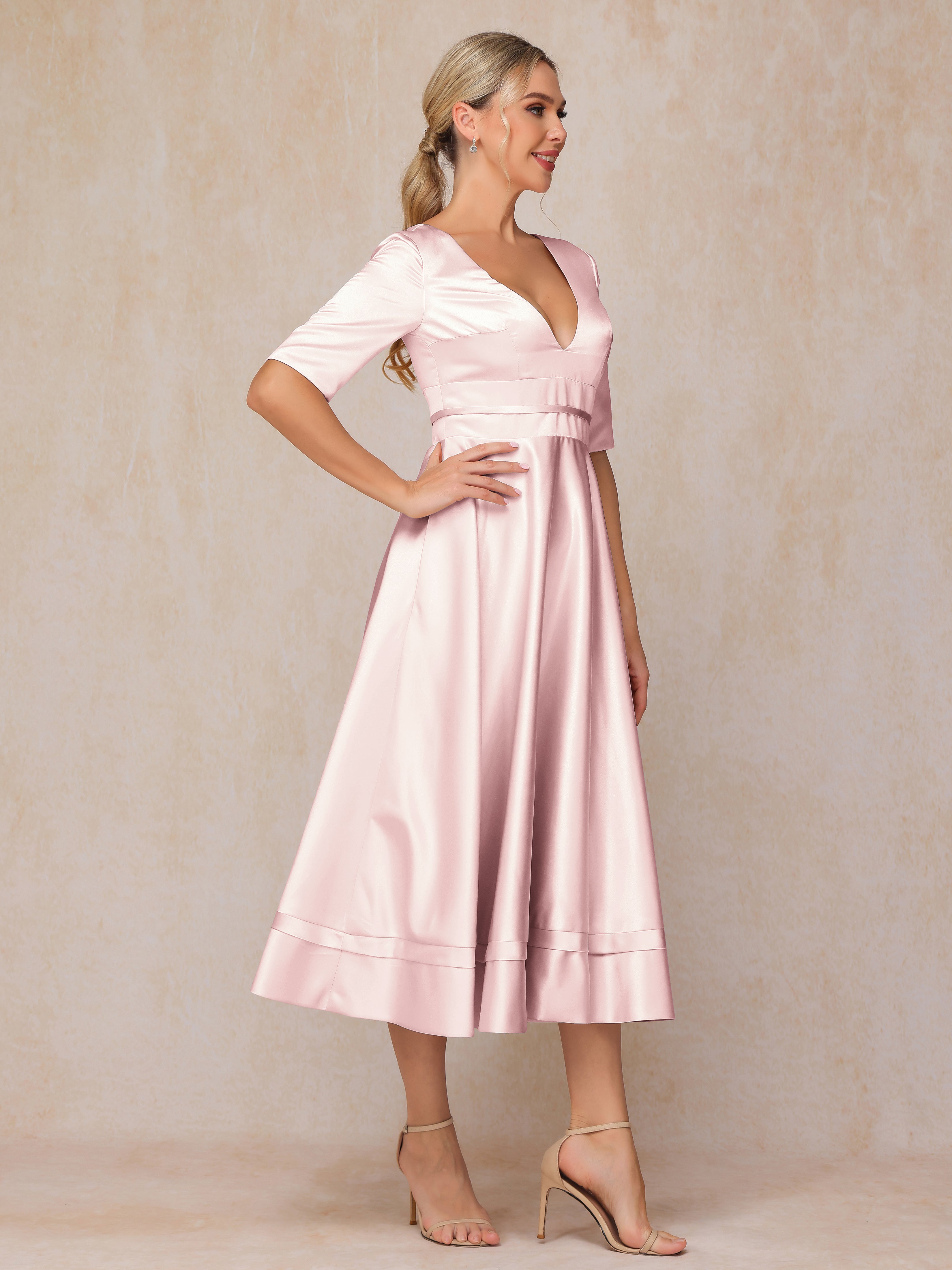 V Neck Short Sleeves Tea Length Satin Mother Of The Bride Dress