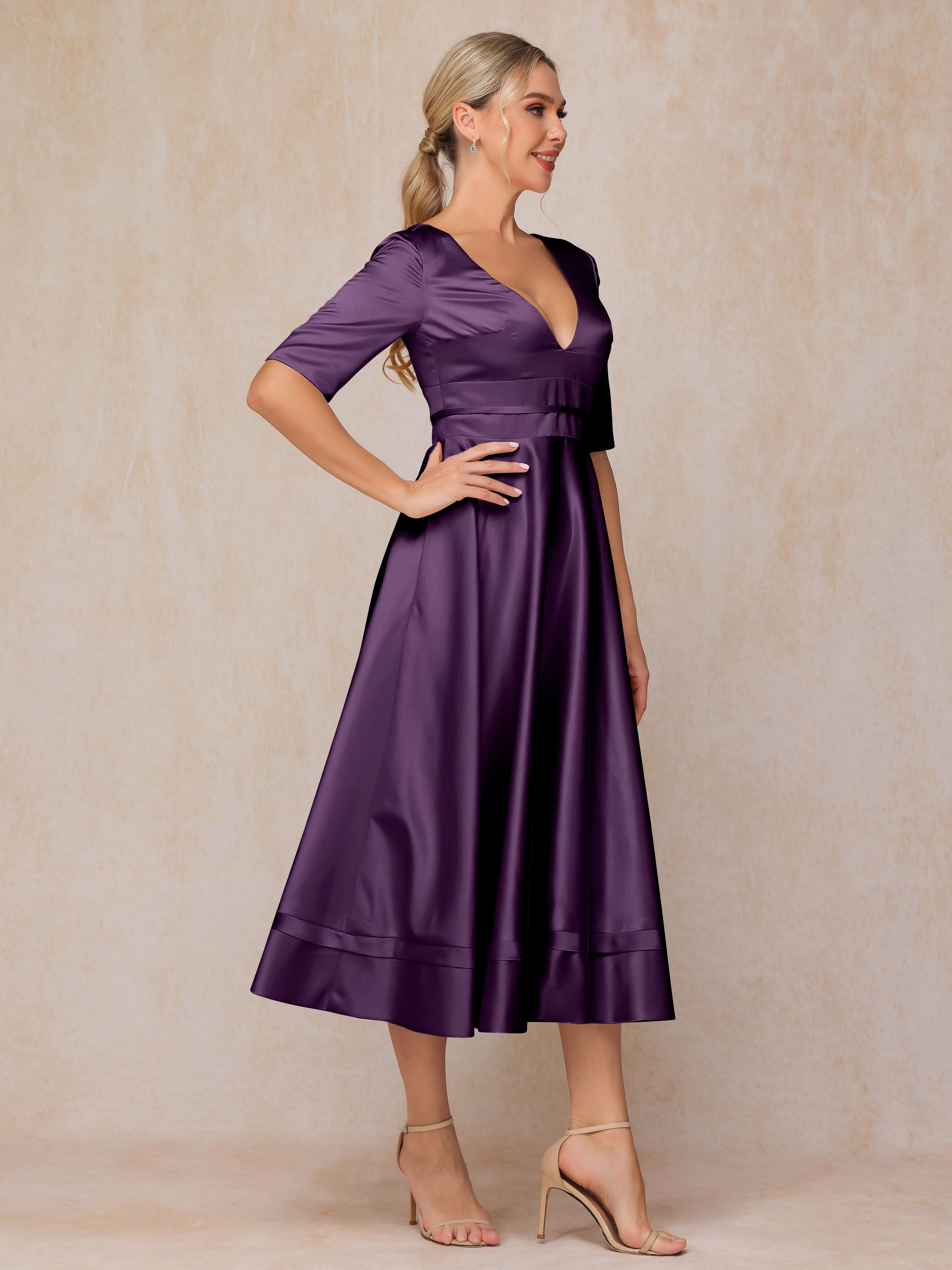 V Neck Short Sleeves Tea Length Satin Mother Of The Bride Dress