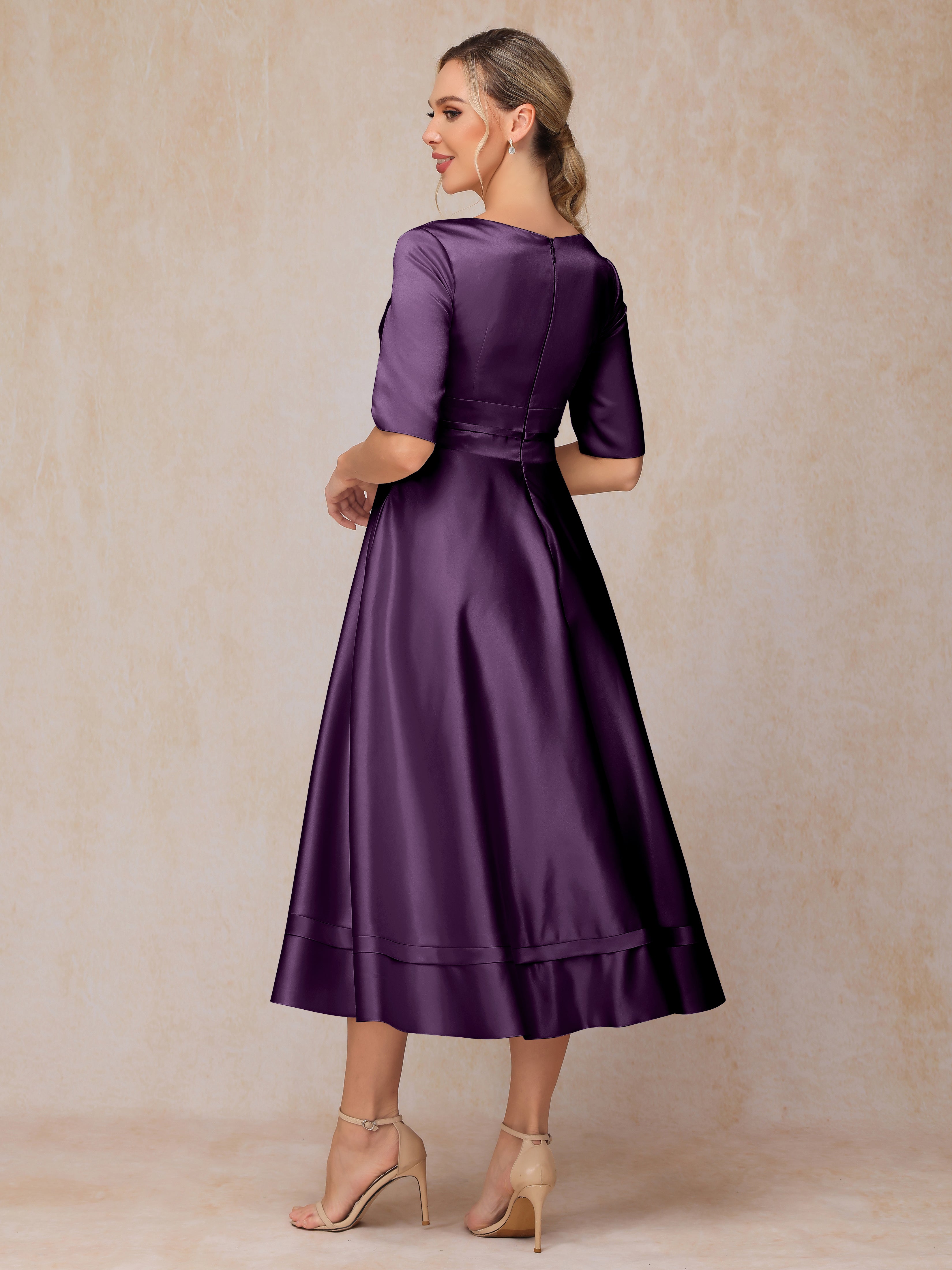 V Neck Short Sleeves Tea Length Satin Mother Of The Bride Dress