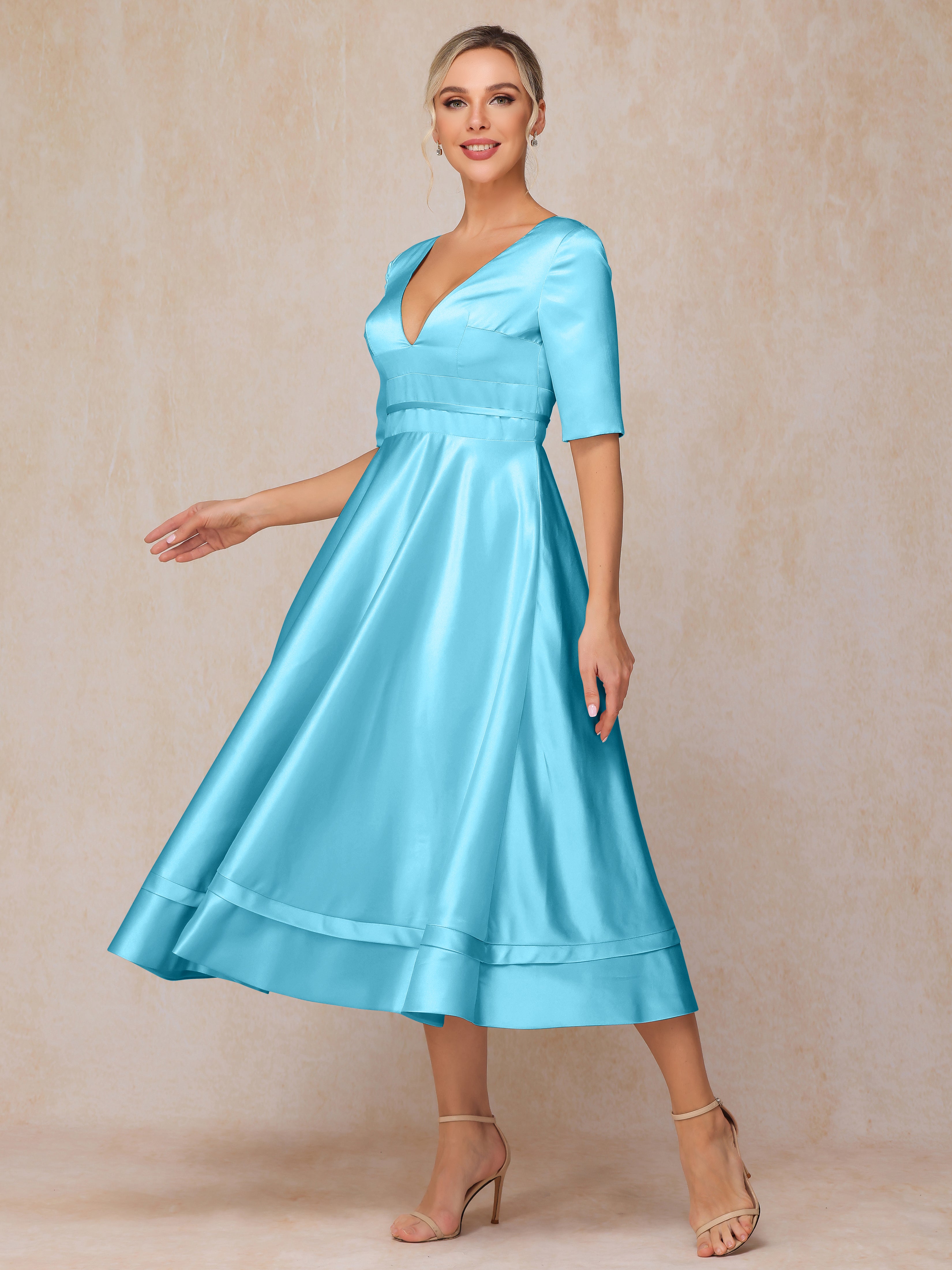 V Neck Short Sleeves Tea Length Satin Mother Of The Bride Dress