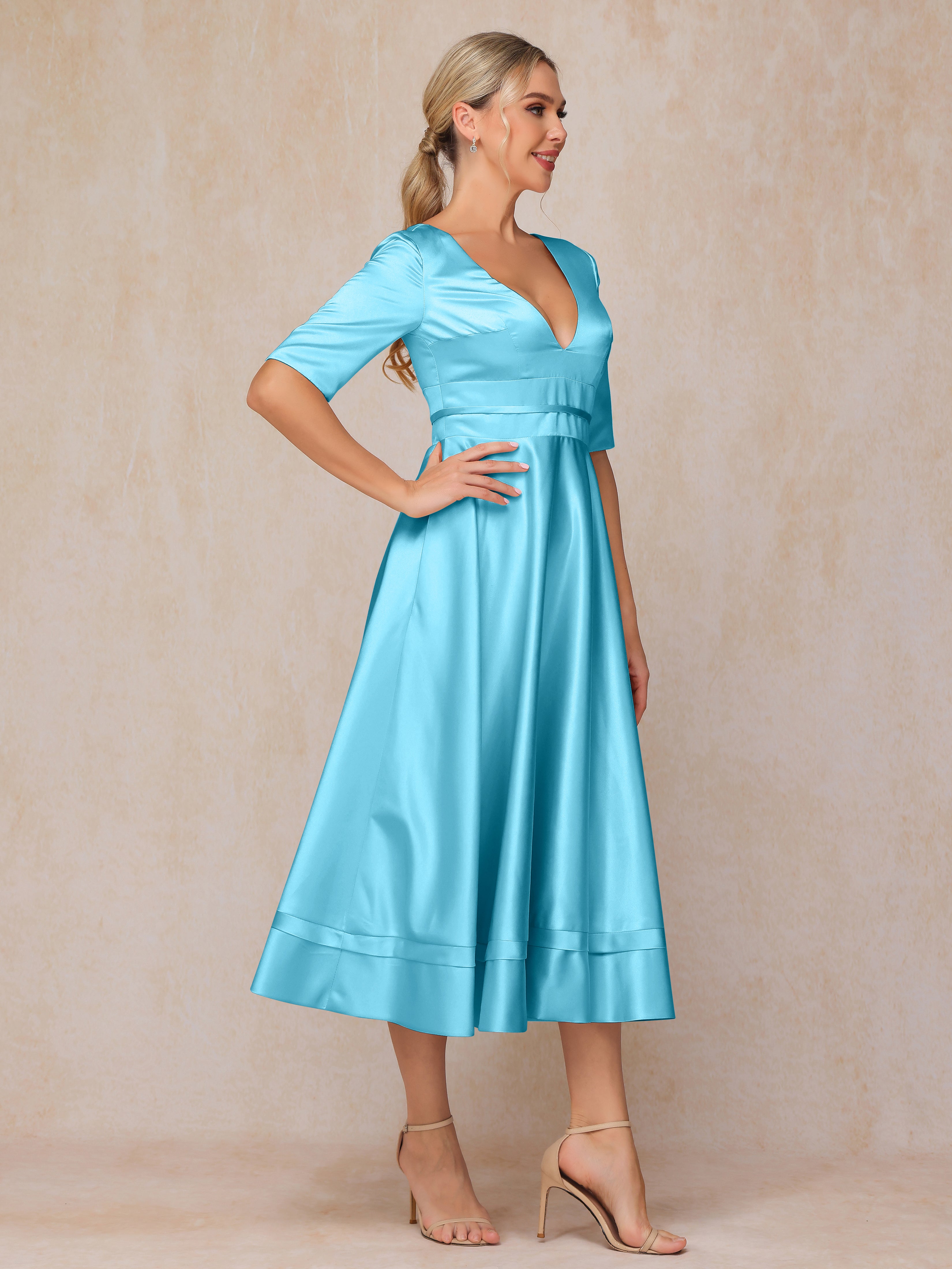 V Neck Short Sleeves Tea Length Satin Mother Of The Bride Dress