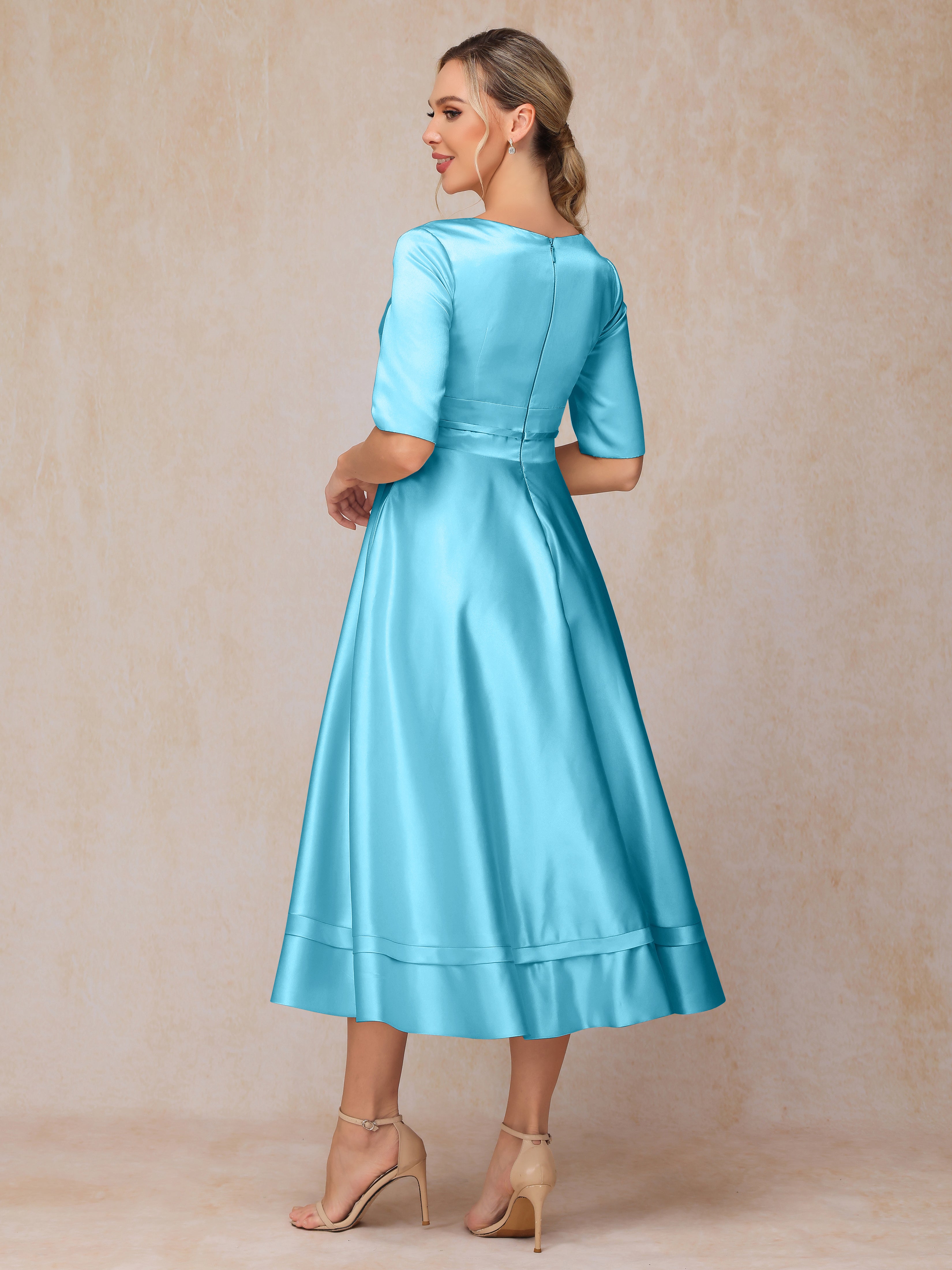V Neck Short Sleeves Tea Length Satin Mother Of The Bride Dress