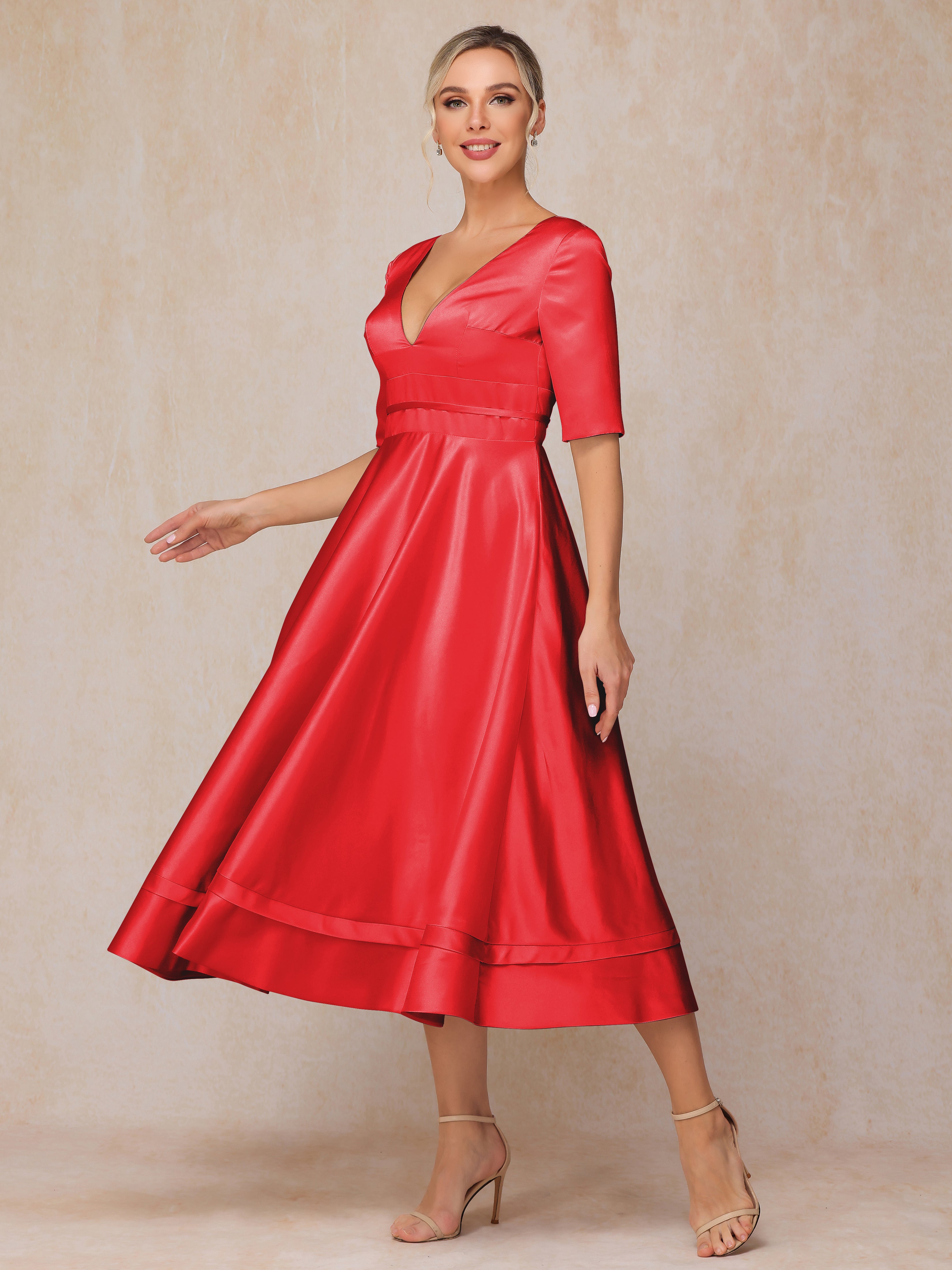 V Neck Short Sleeves Tea Length Satin Mother Of The Bride Dress