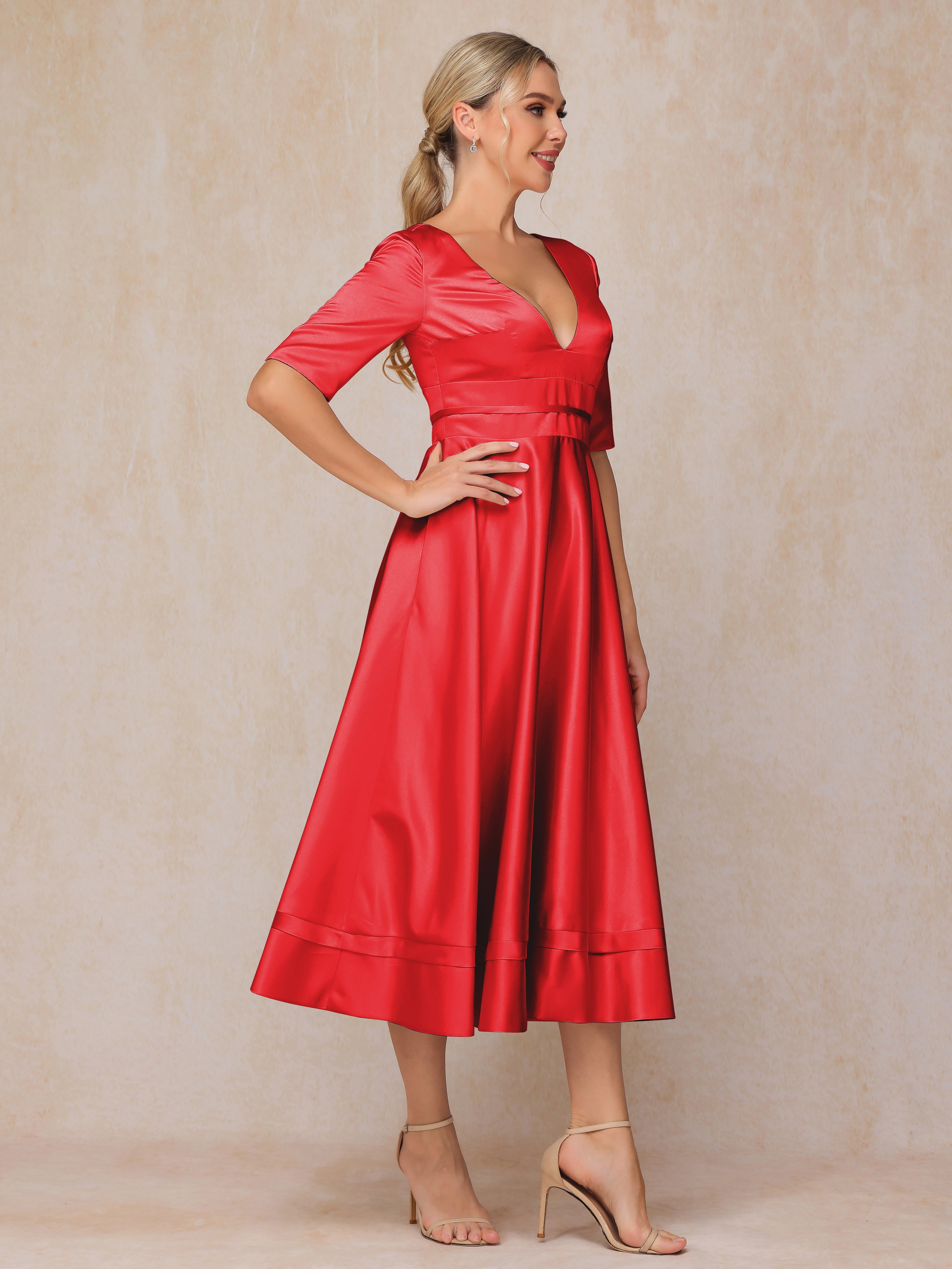 V Neck Short Sleeves Tea Length Satin Mother Of The Bride Dress