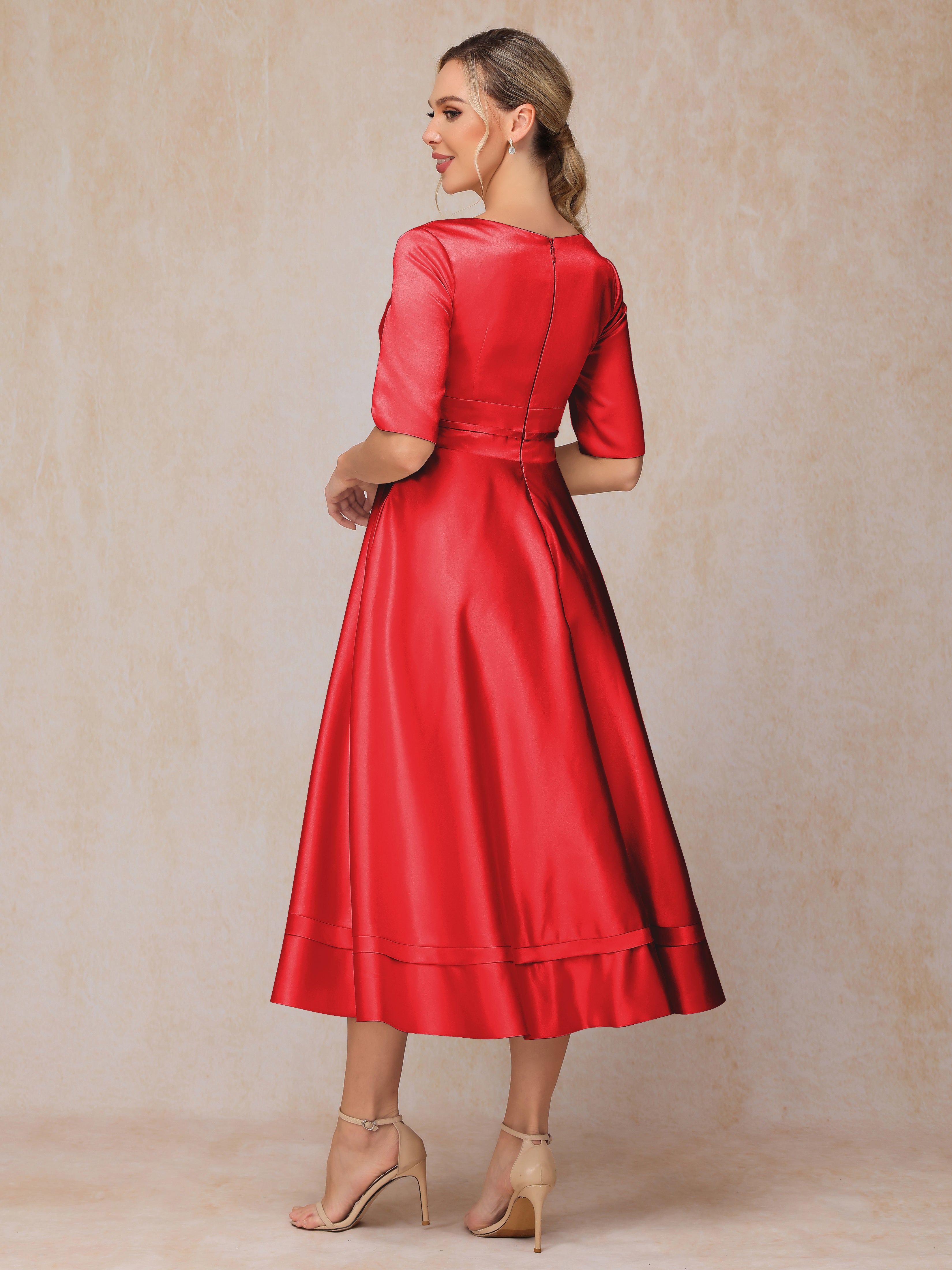 V Neck Short Sleeves Tea Length Satin Mother Of The Bride Dress