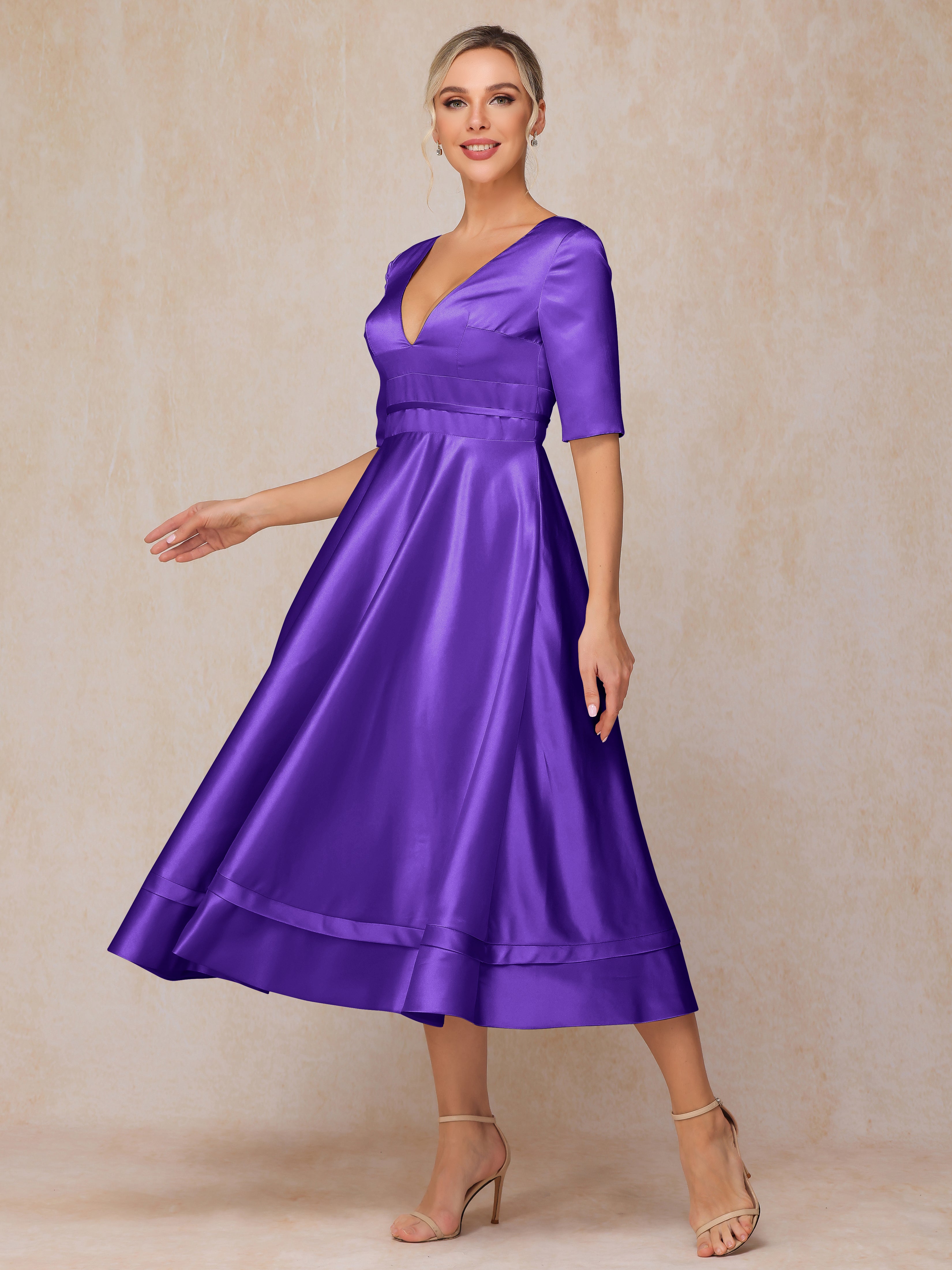 V Neck Short Sleeves Tea Length Satin Mother Of The Bride Dress