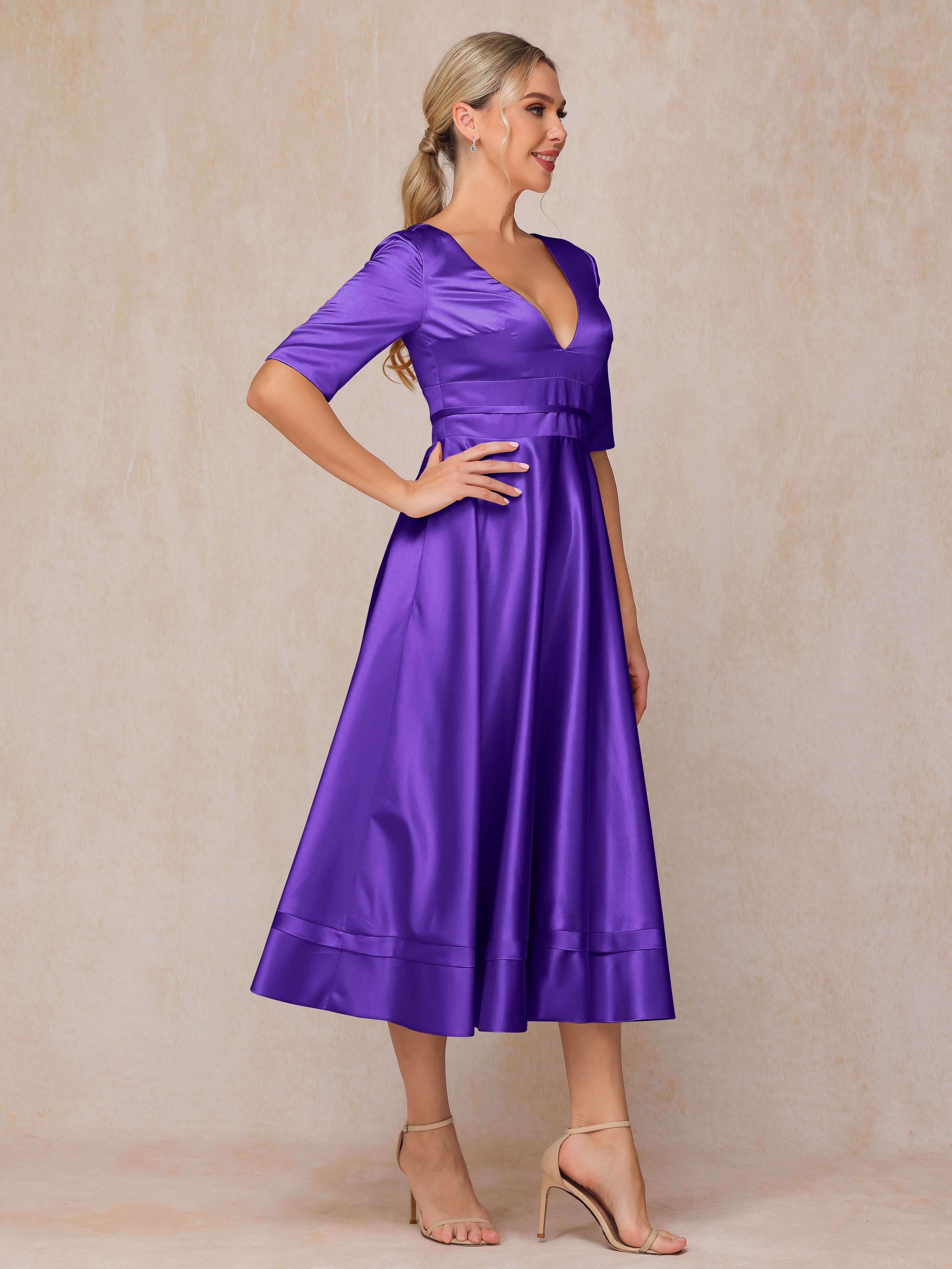 V Neck Short Sleeves Tea Length Satin Mother Of The Groom Dress