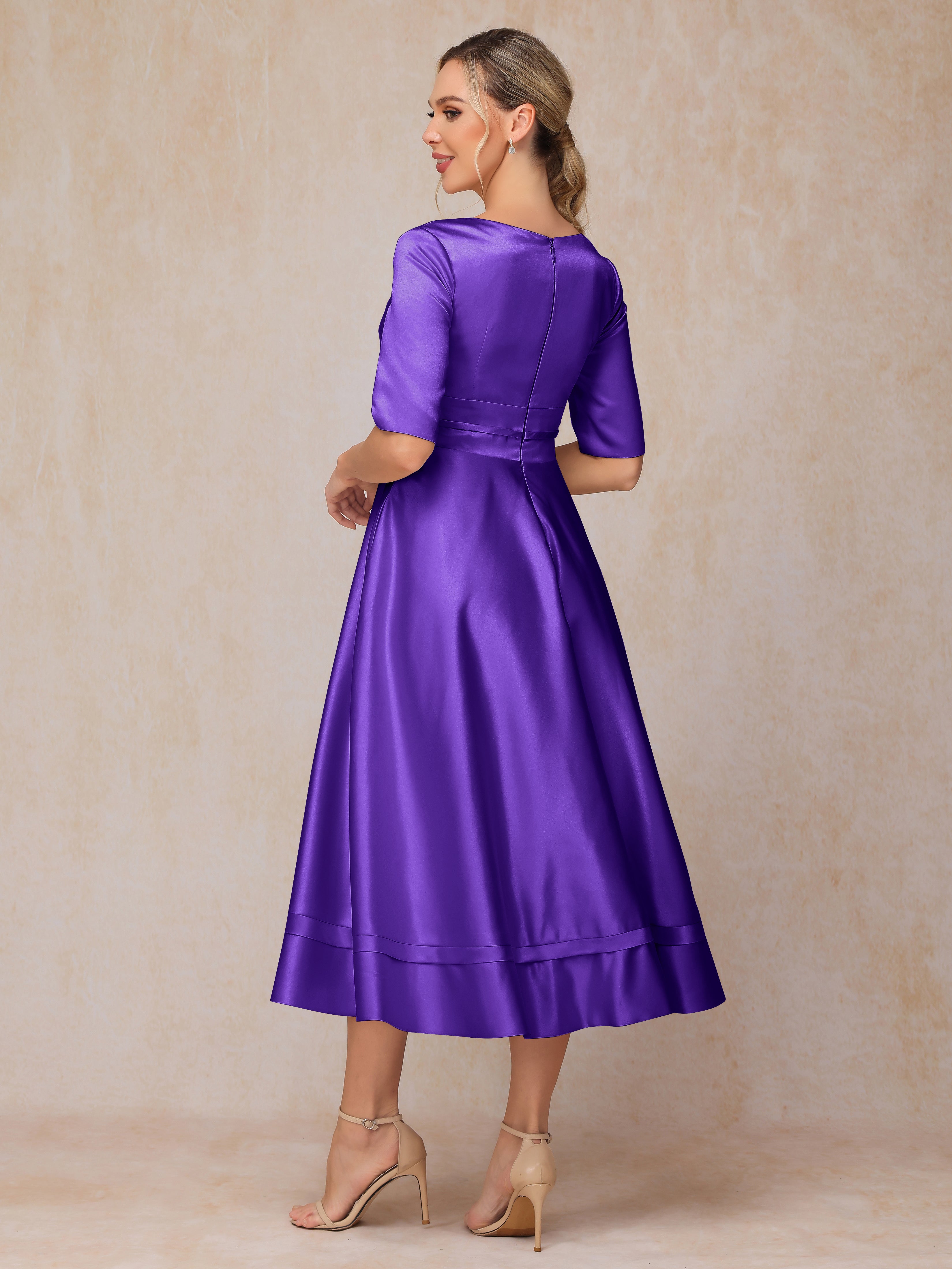 V Neck Short Sleeves Tea Length Satin Mother Of The Bride Dress