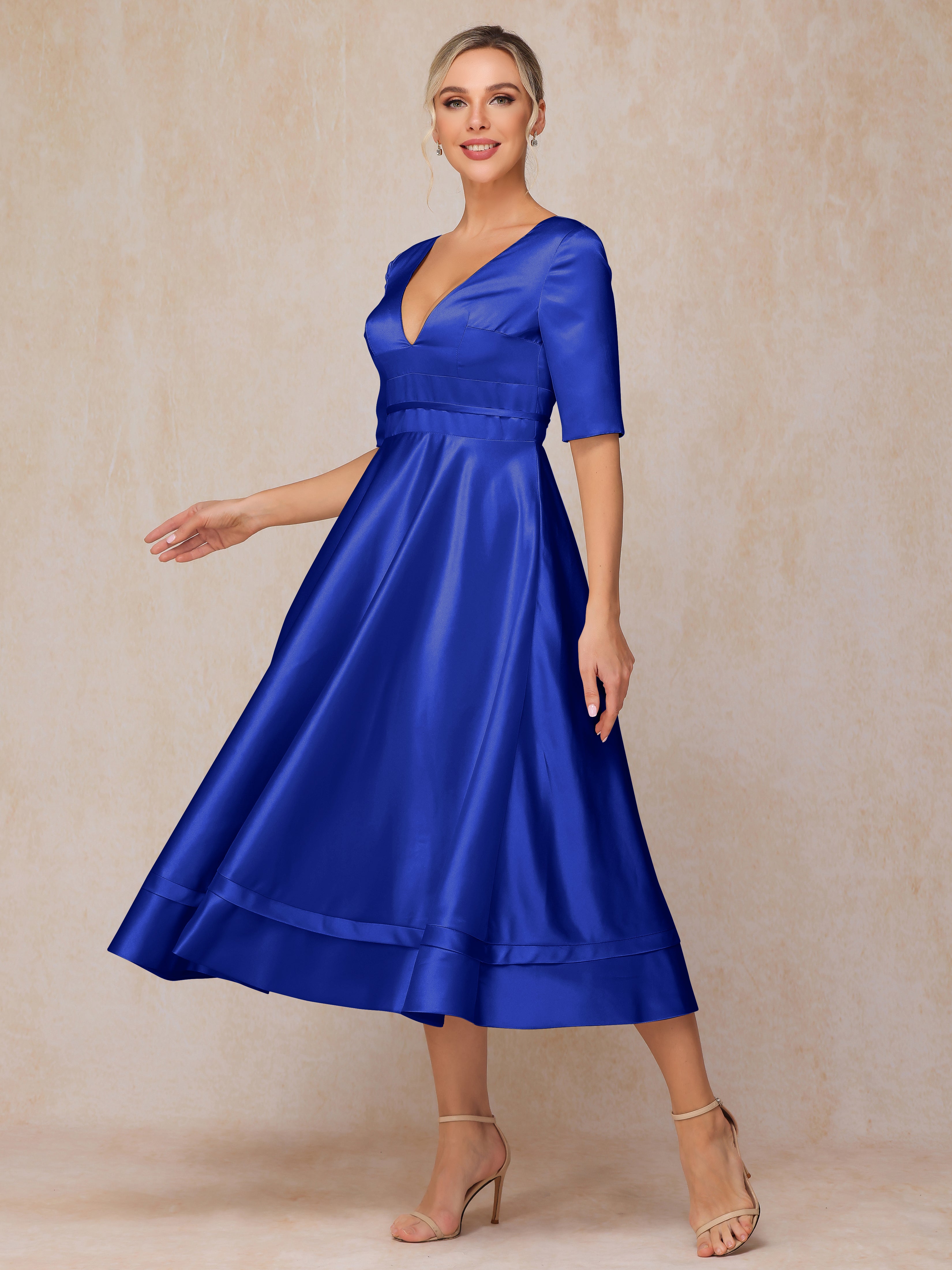 V Neck Short Sleeves Tea Length Satin Mother Of The Bride Dress