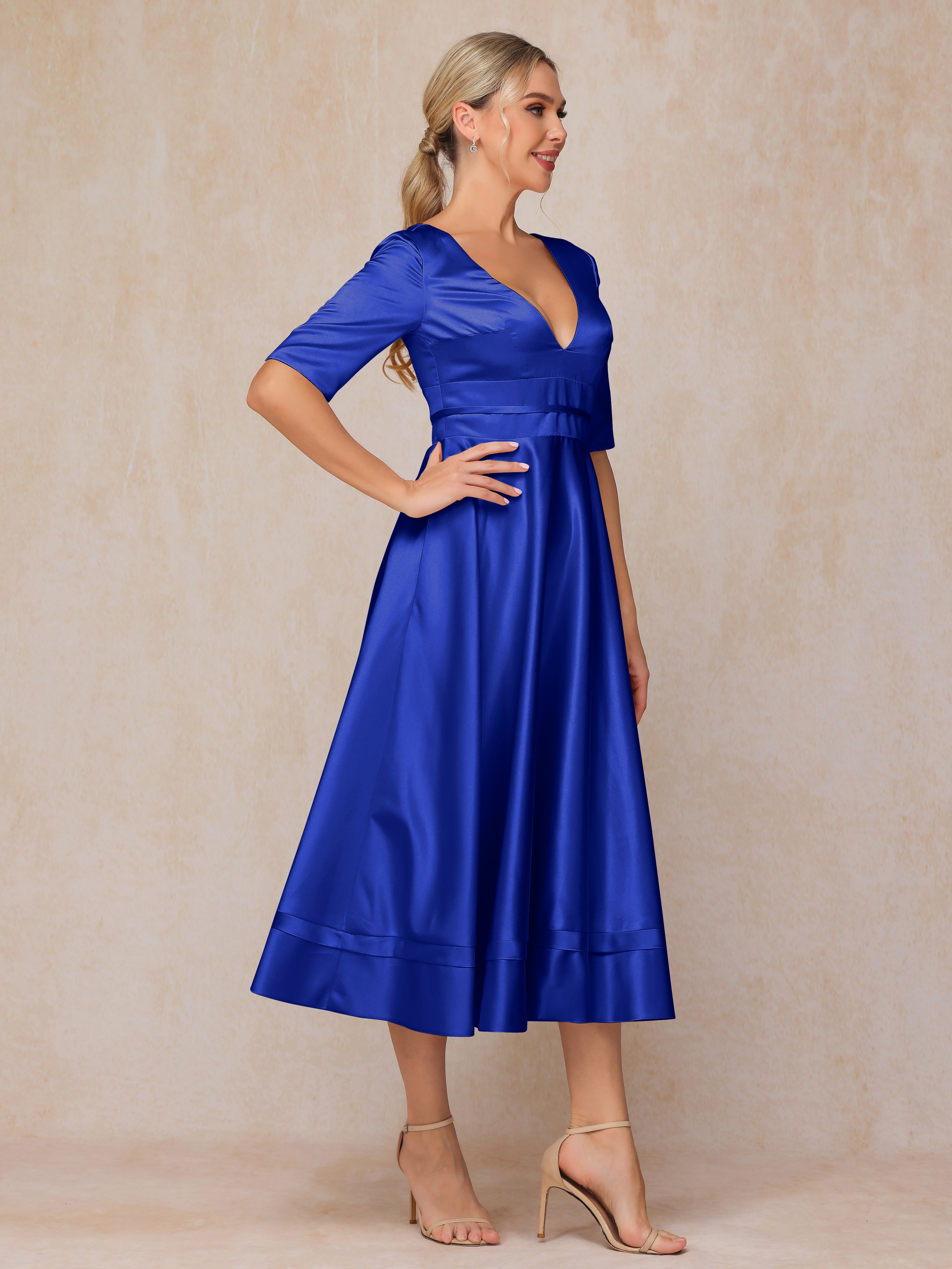 V Neck Short Sleeves Tea Length Satin Mother Of The Bride Dress