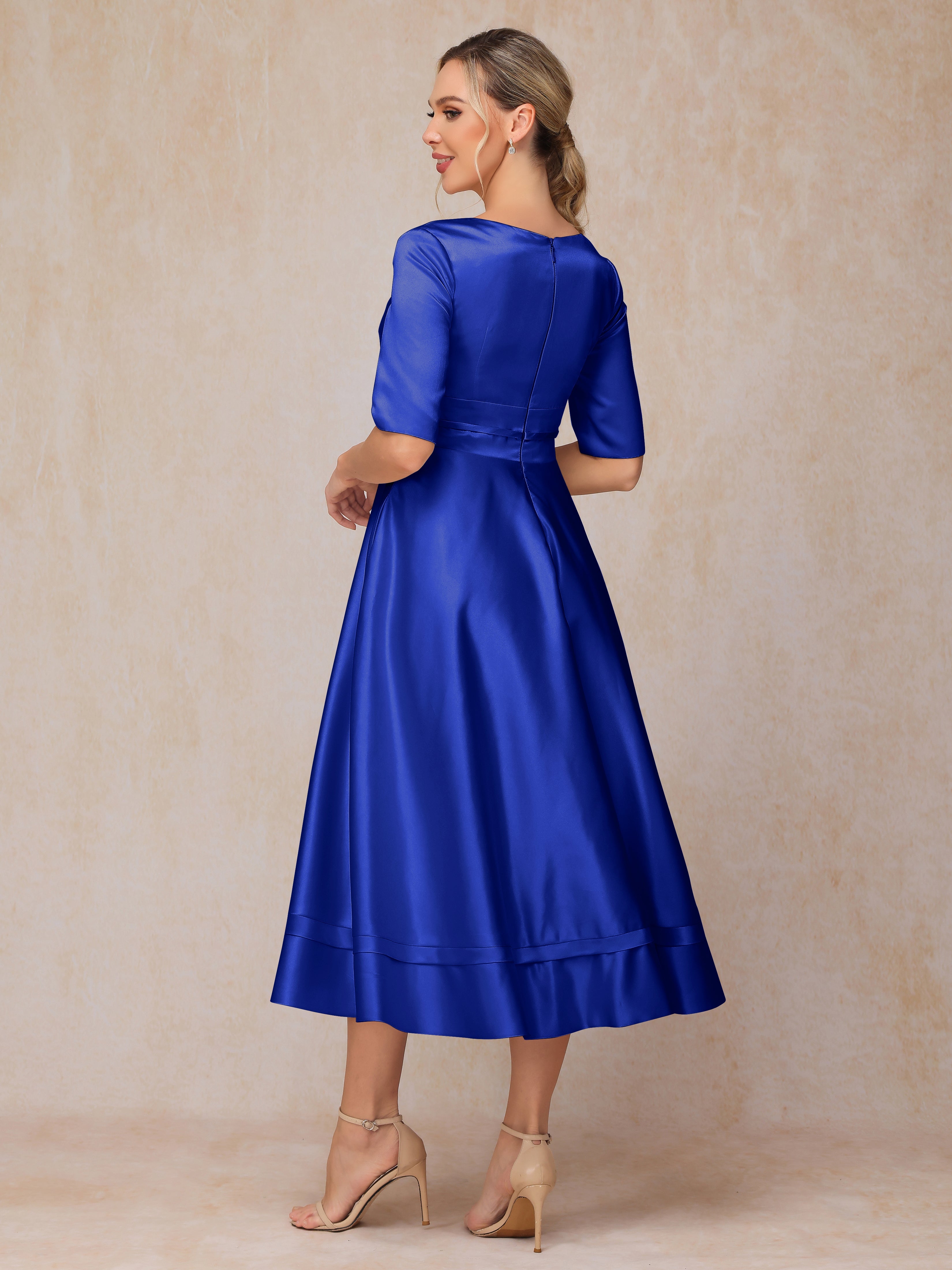 V Neck Short Sleeves Tea Length Satin Mother Of The Groom Dress