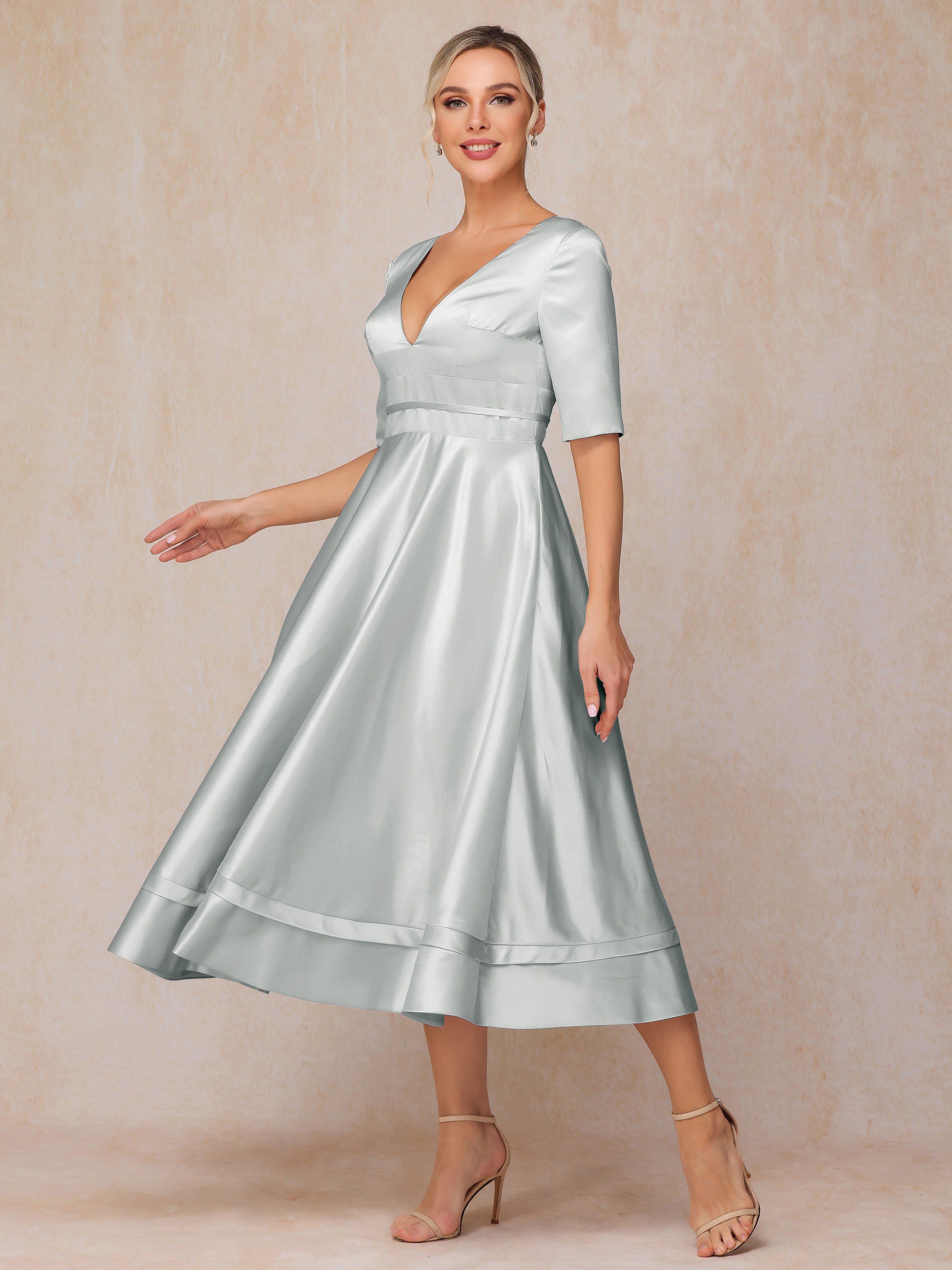 V Neck Short Sleeves Tea Length Satin Mother Of The Bride Dress