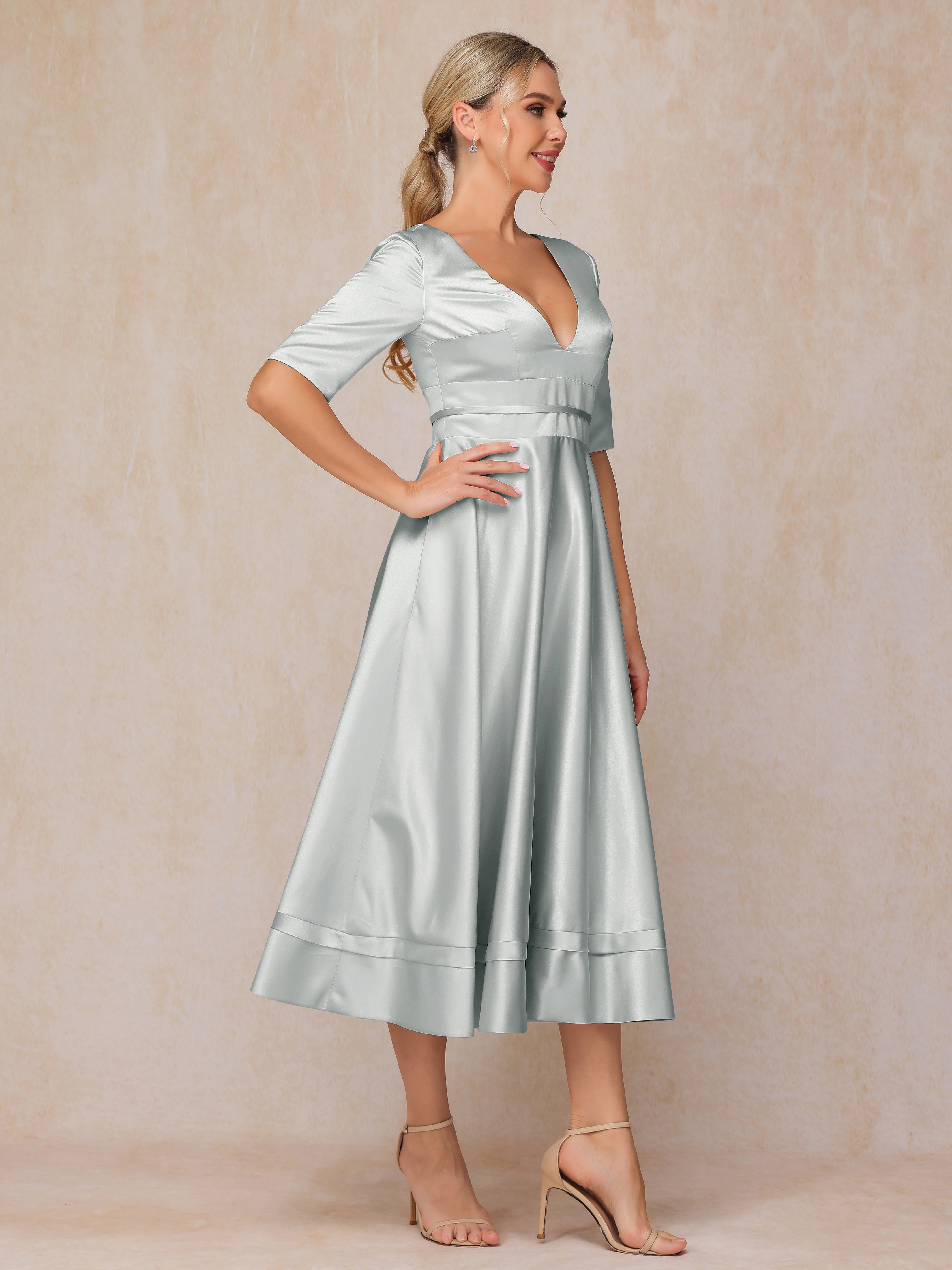 V Neck Short Sleeves Tea Length Satin Mother Of The Bride Dress