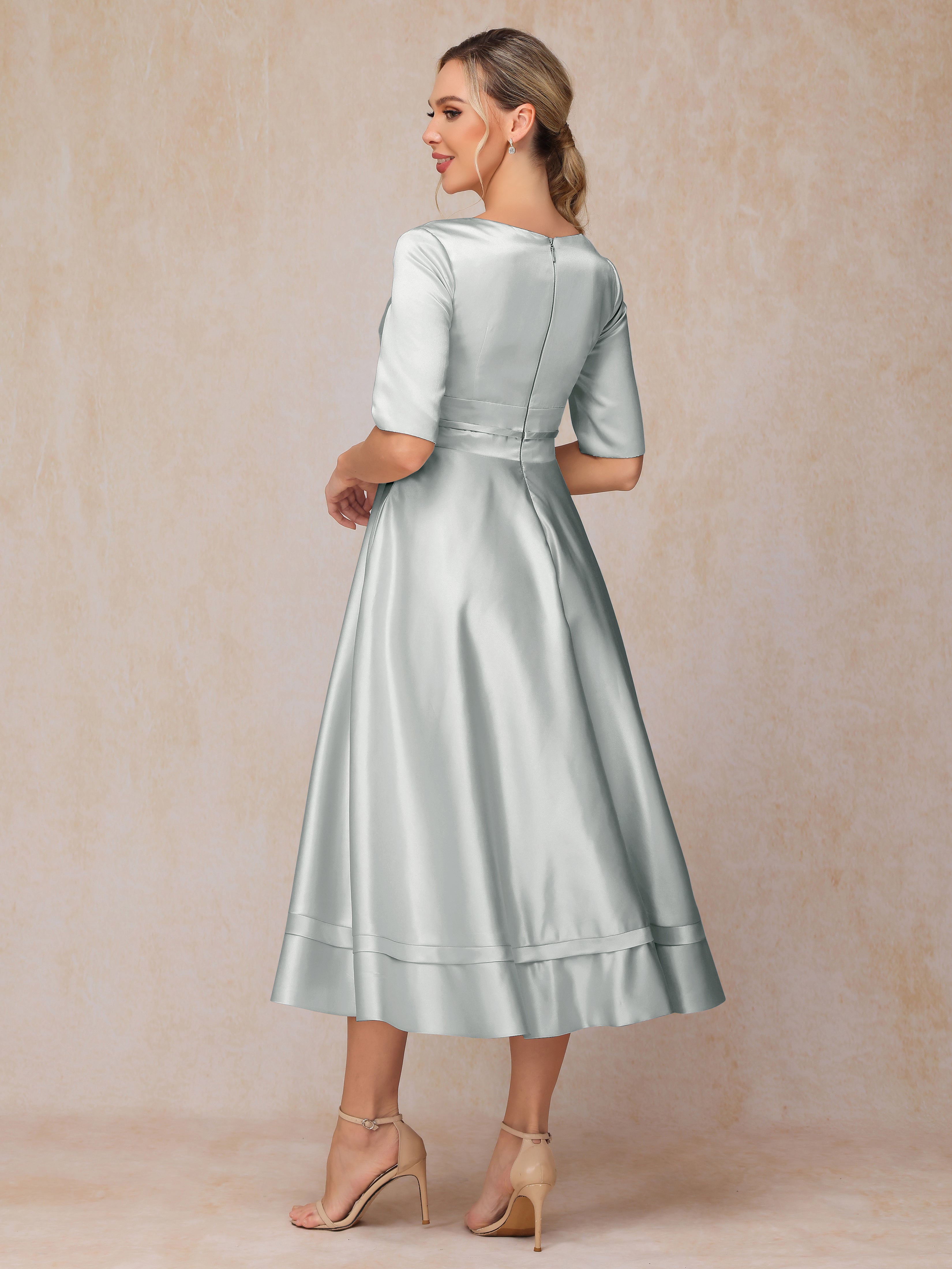 V Neck Short Sleeves Tea Length Satin Mother Of The Bride Dress