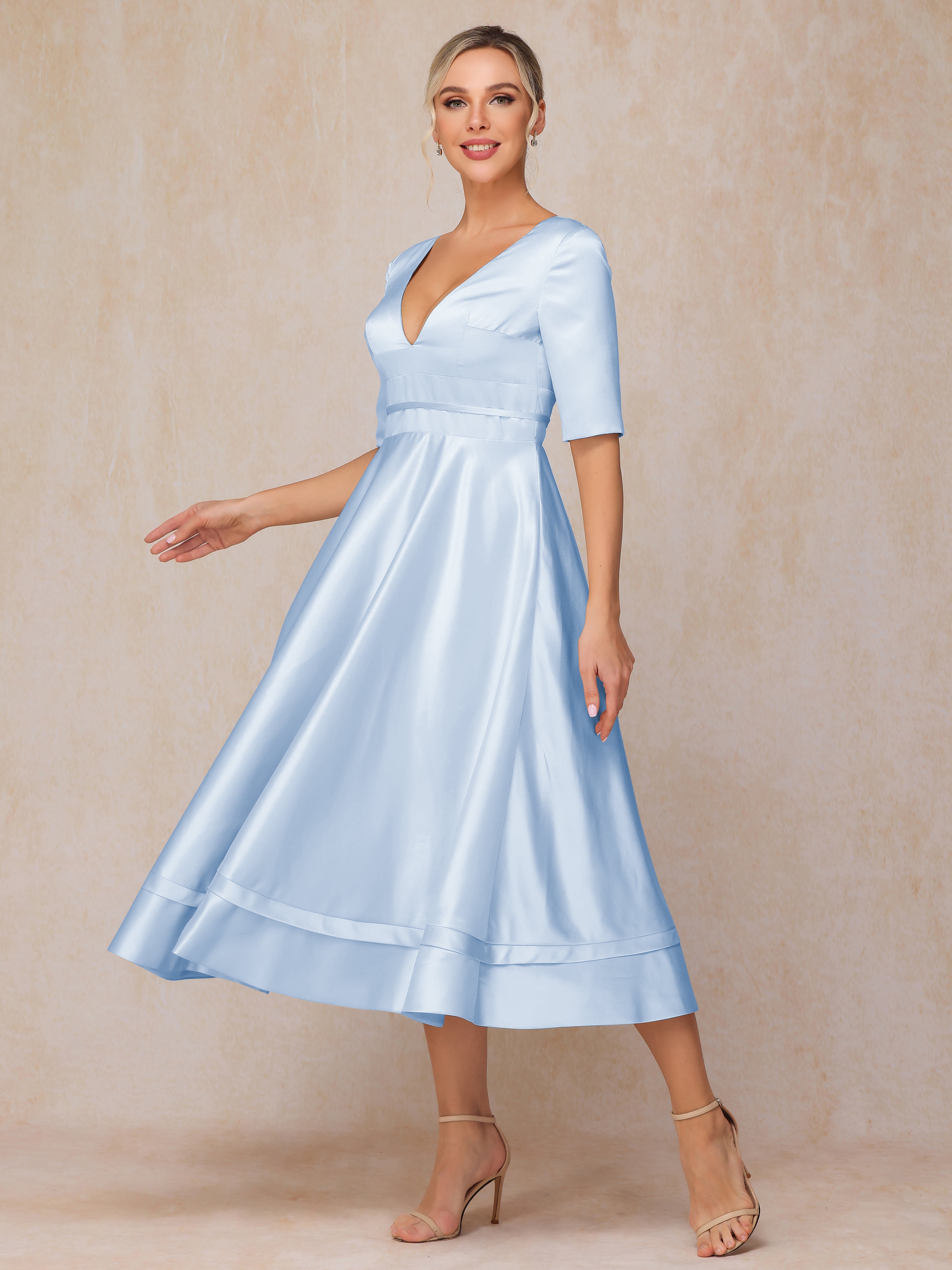 V Neck Short Sleeves Tea Length Satin Mother Of The Bride Dress