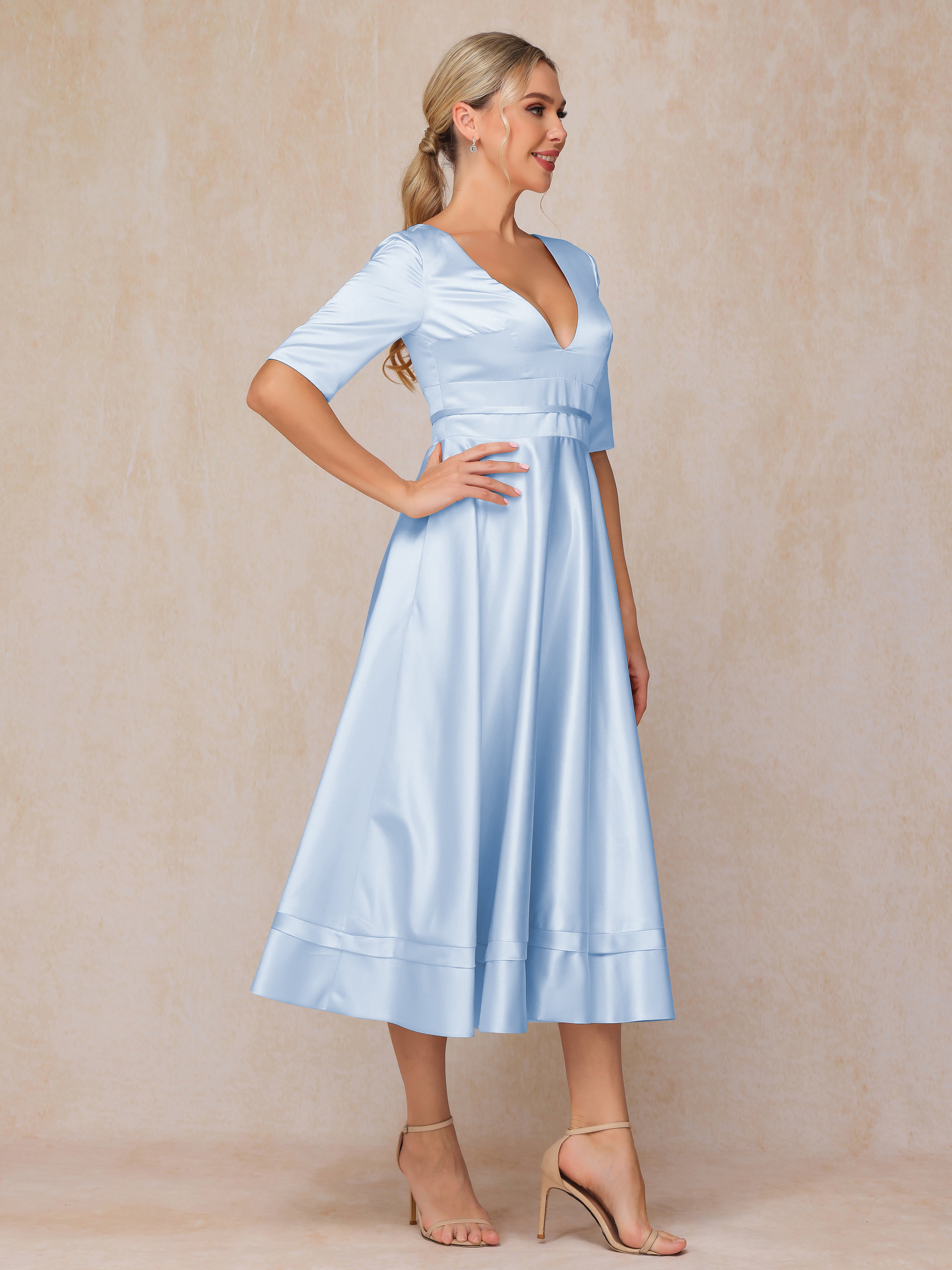 V Neck Short Sleeves Tea Length Satin Mother Of The Bride Dress