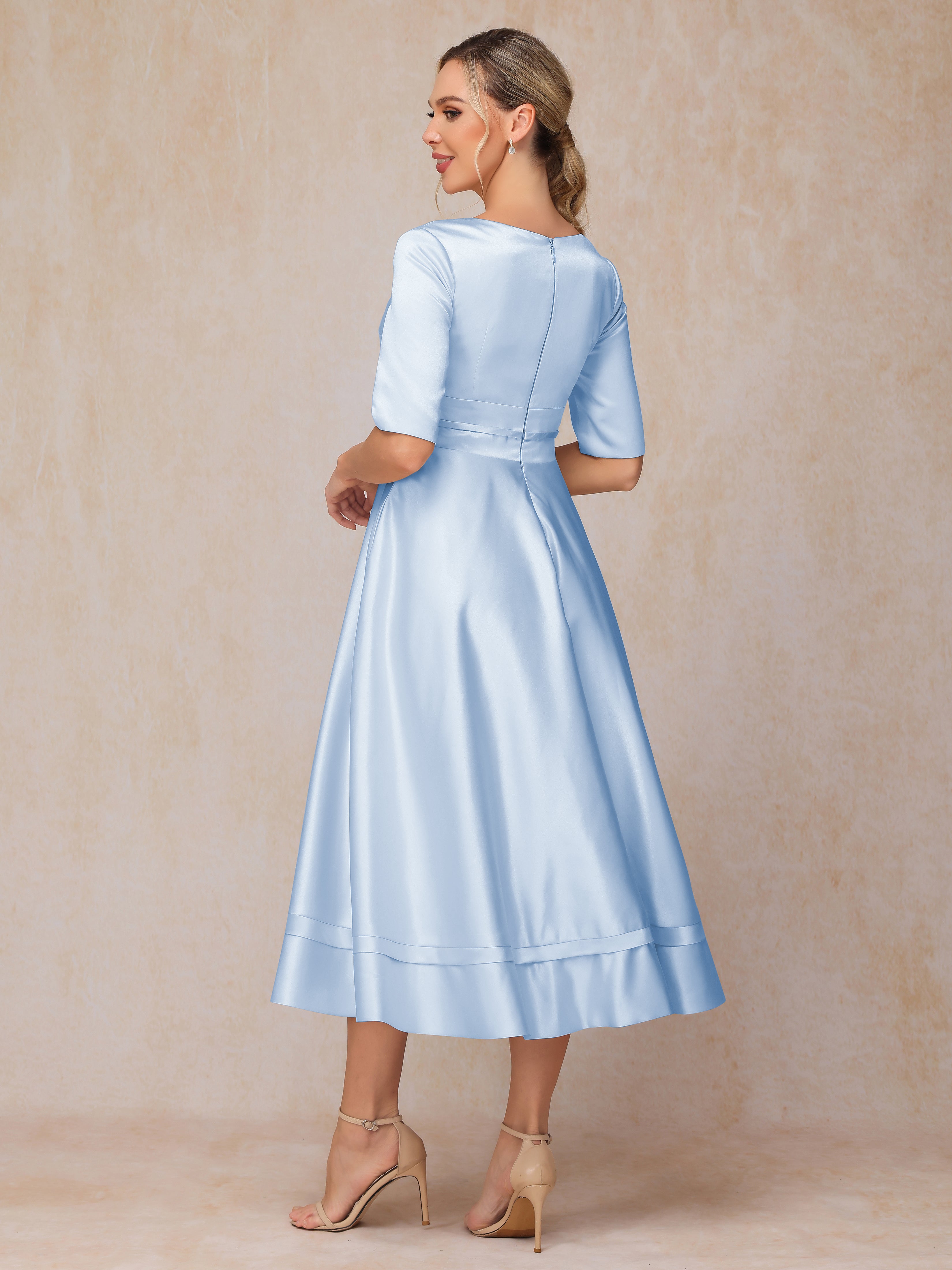 V Neck Short Sleeves Tea Length Satin Mother Of The Bride Dress