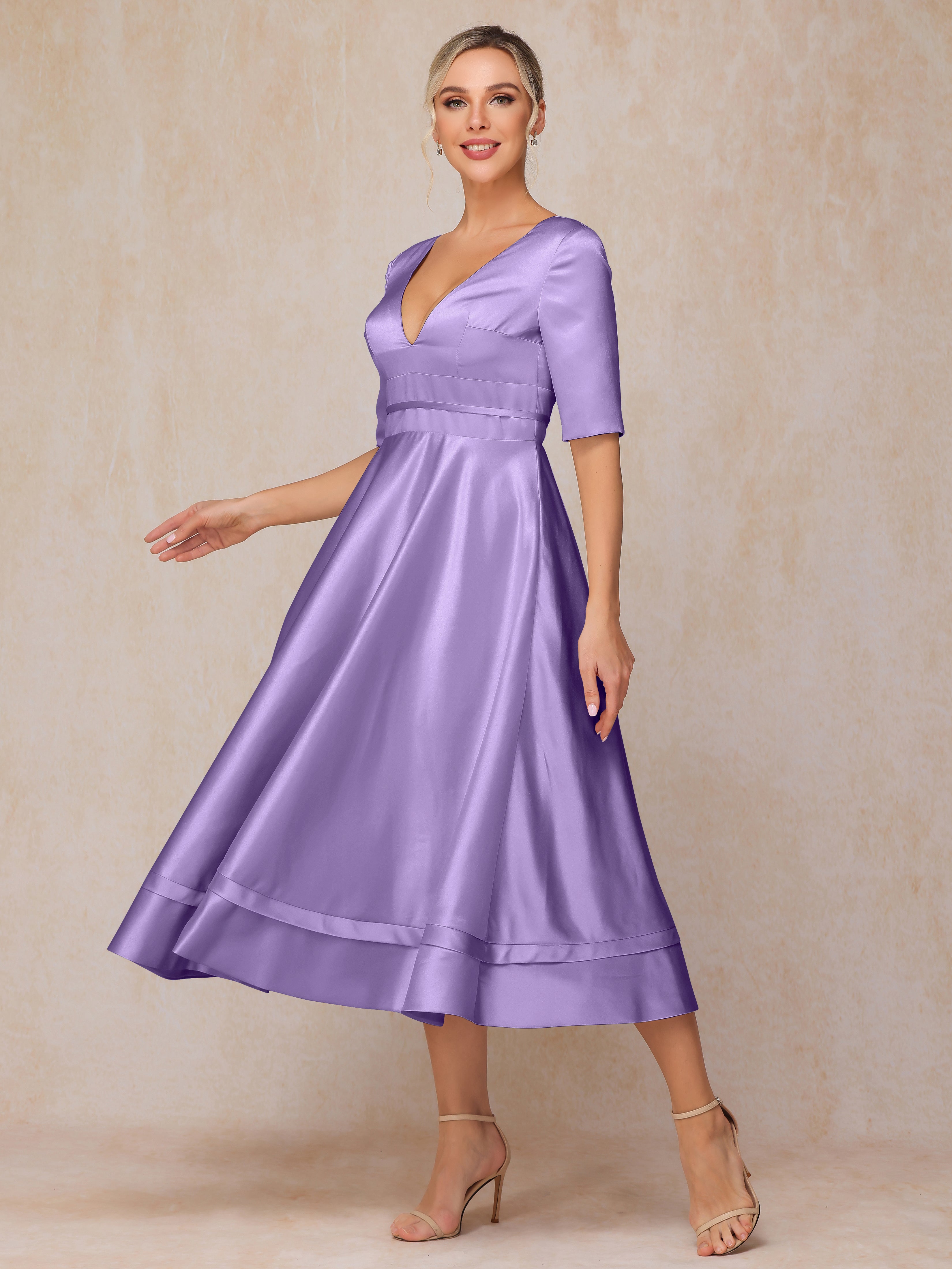 V Neck Short Sleeves Tea Length Satin Mother Of The Bride Dress