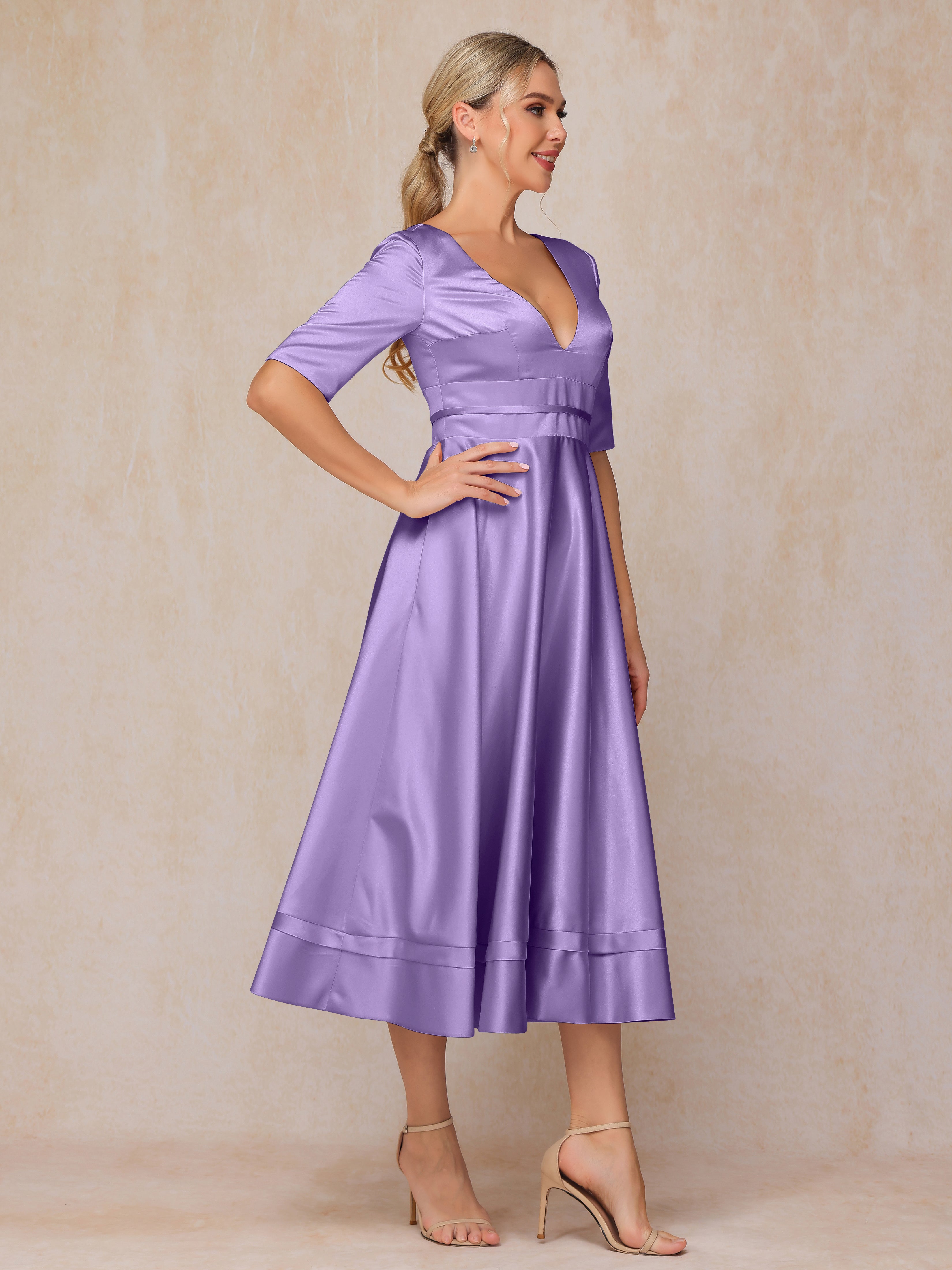 V Neck Short Sleeves Tea Length Satin Mother Of The Bride Dress