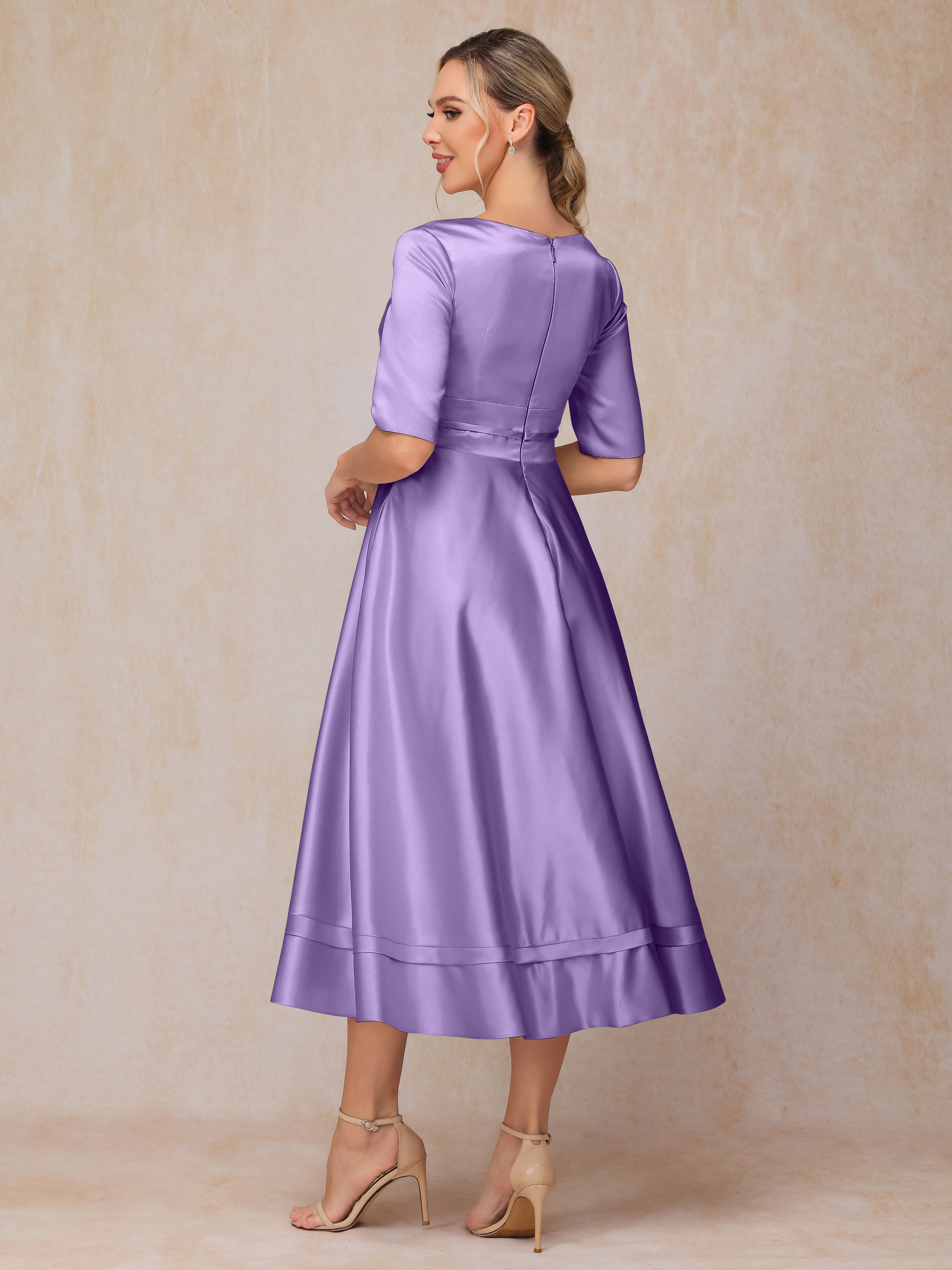 V Neck Short Sleeves Tea Length Satin Mother Of The Bride Dress