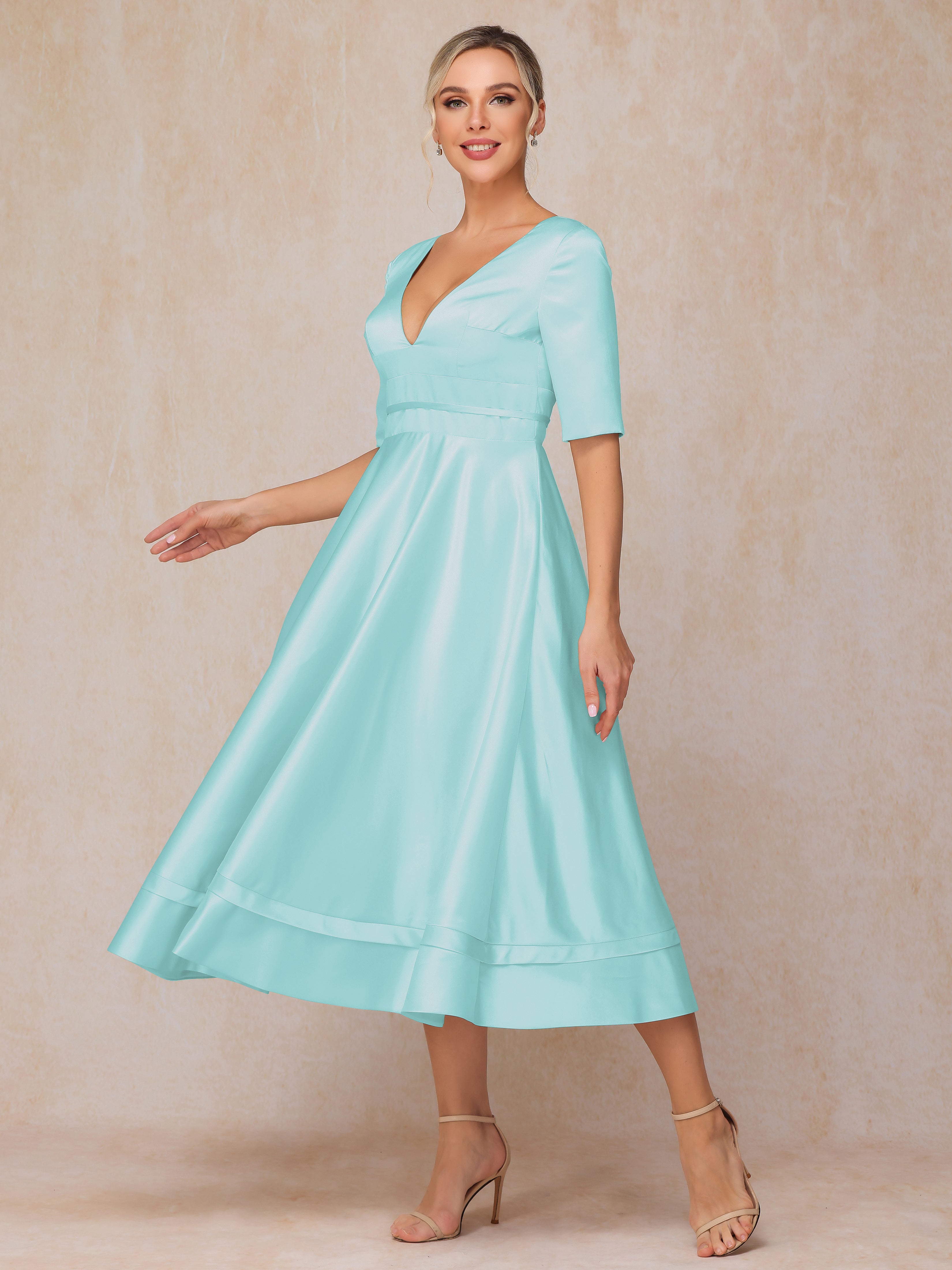 V Neck Short Sleeves Tea Length Satin Mother Of The Bride Dress