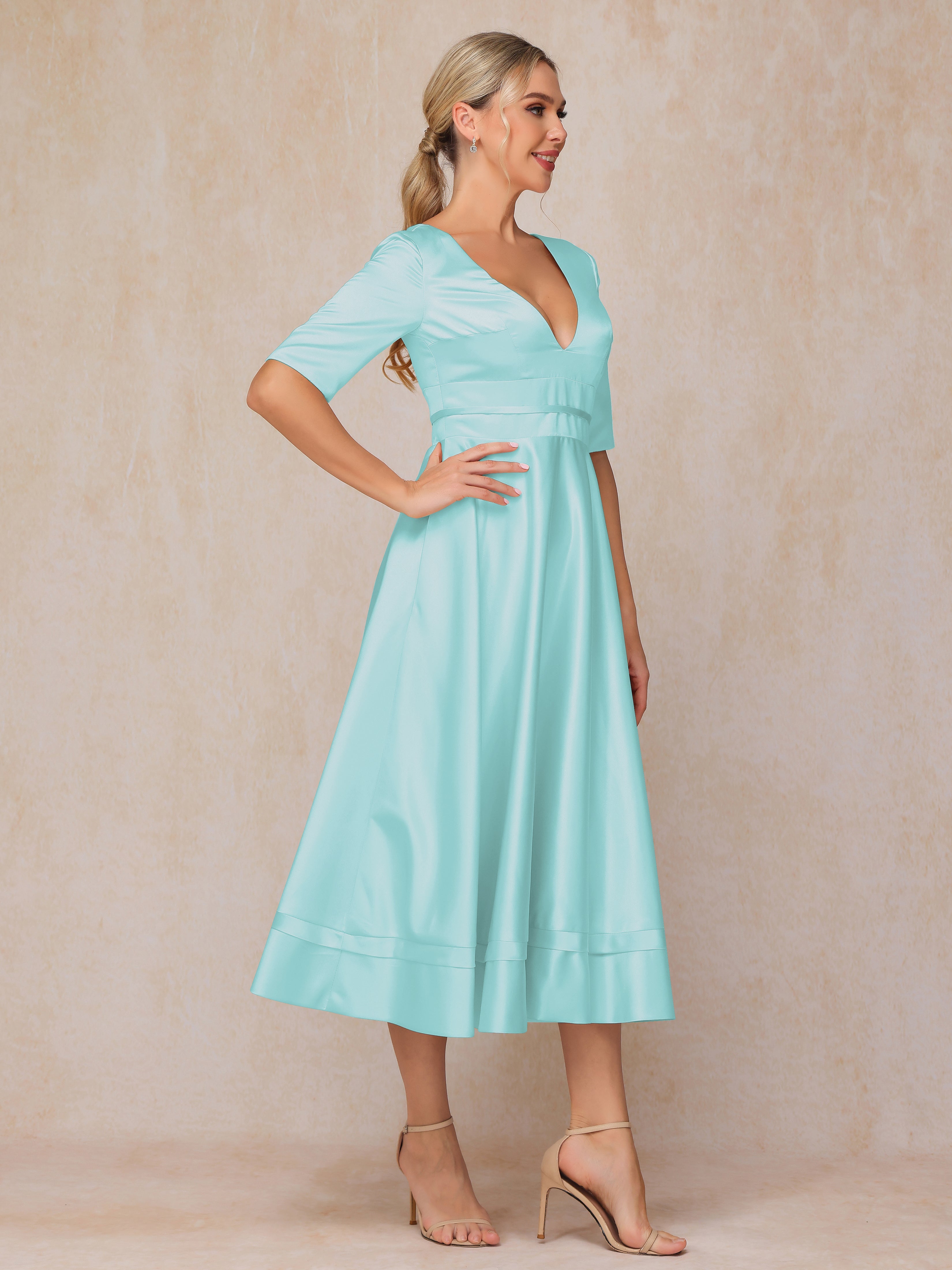 V Neck Short Sleeves Tea Length Satin Mother Of The Groom Dress
