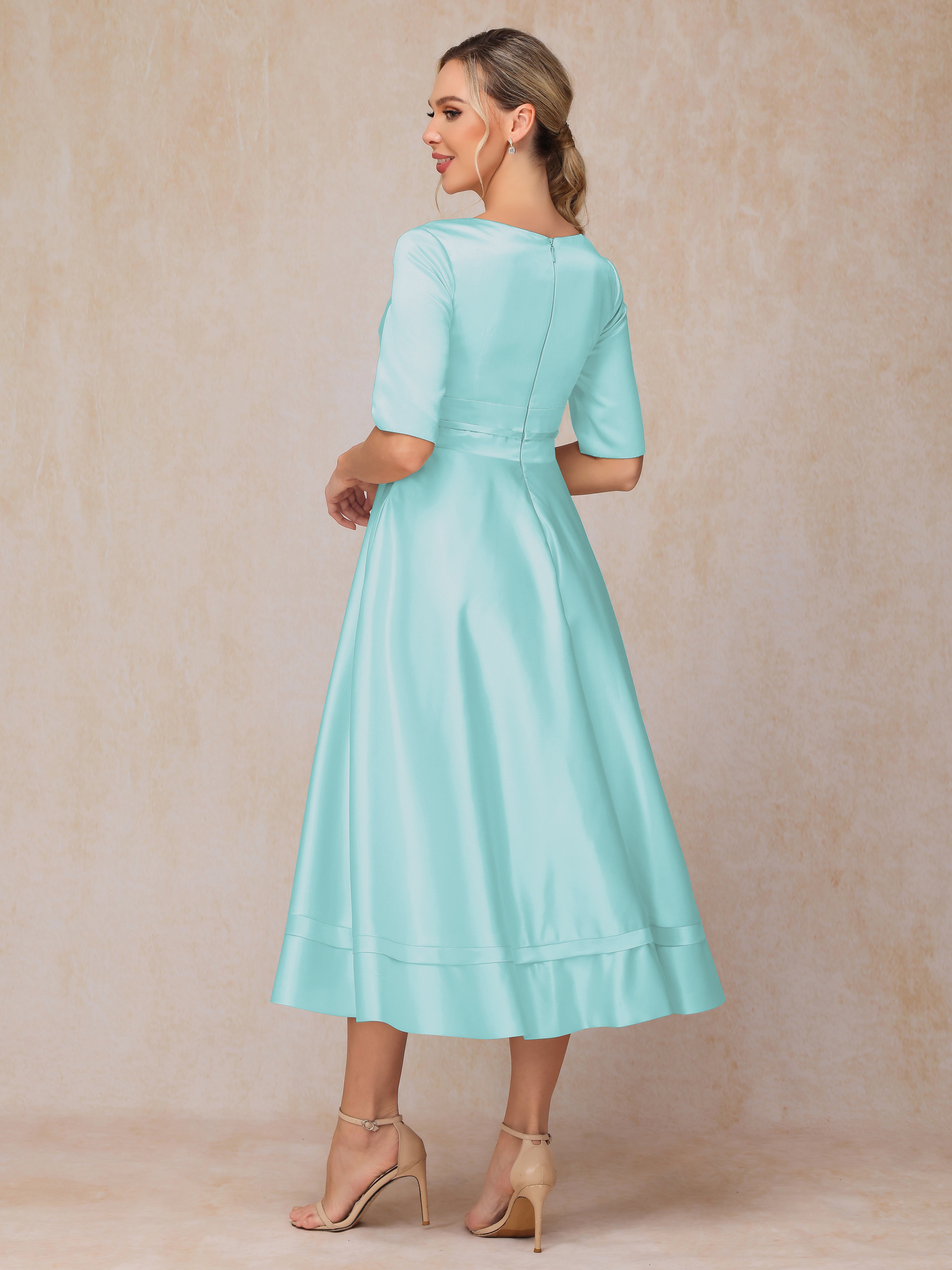 V Neck Short Sleeves Tea Length Satin Mother Of The Bride Dress