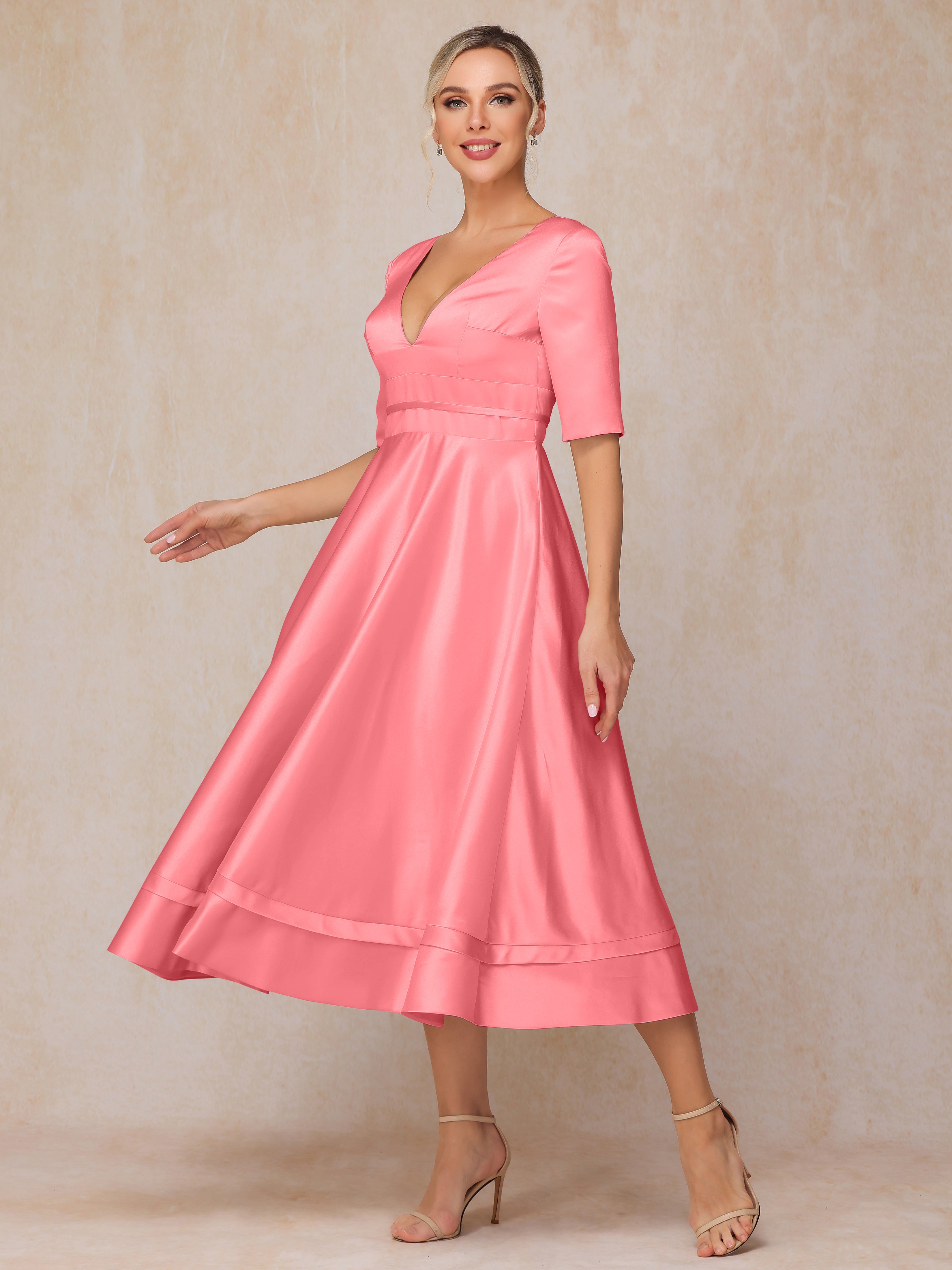 V Neck Short Sleeves Tea Length Satin Mother Of The Bride Dress