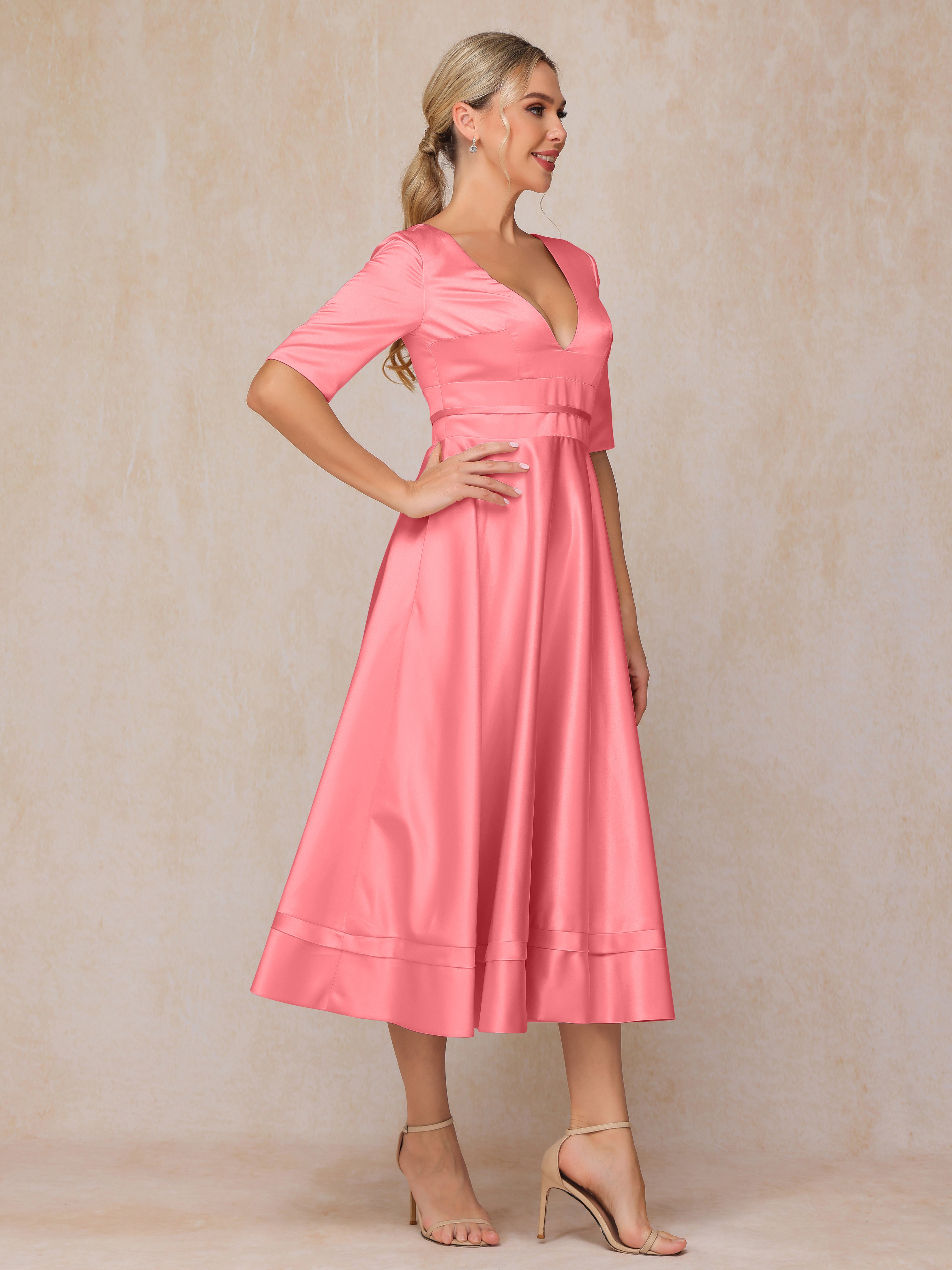 V Neck Short Sleeves Tea Length Satin Mother Of The Bride Dress