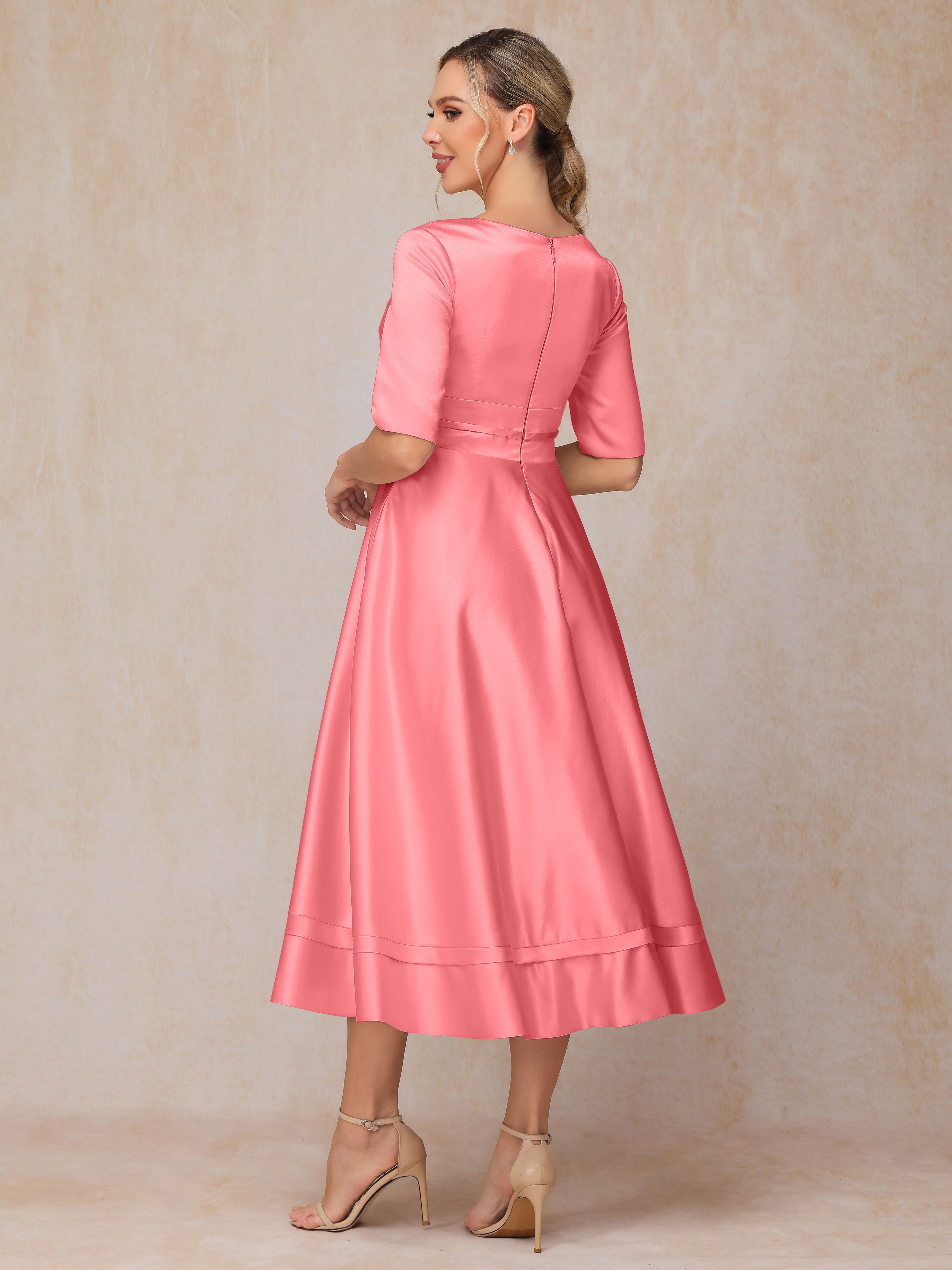V Neck Short Sleeves Tea Length Satin Mother Of The Bride Dress