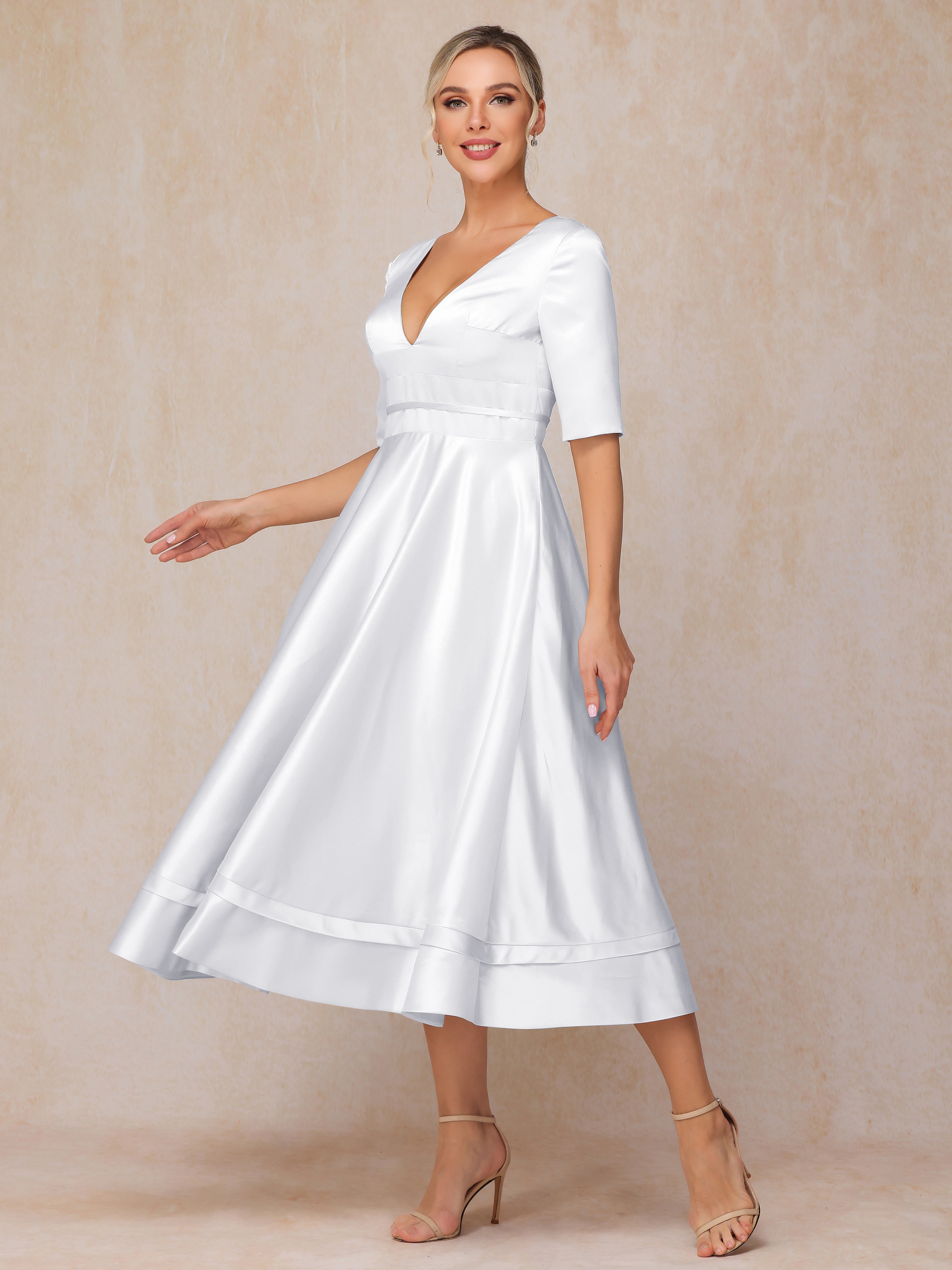 V Neck Short Sleeves Tea Length Satin Mother Of The Bride Dress