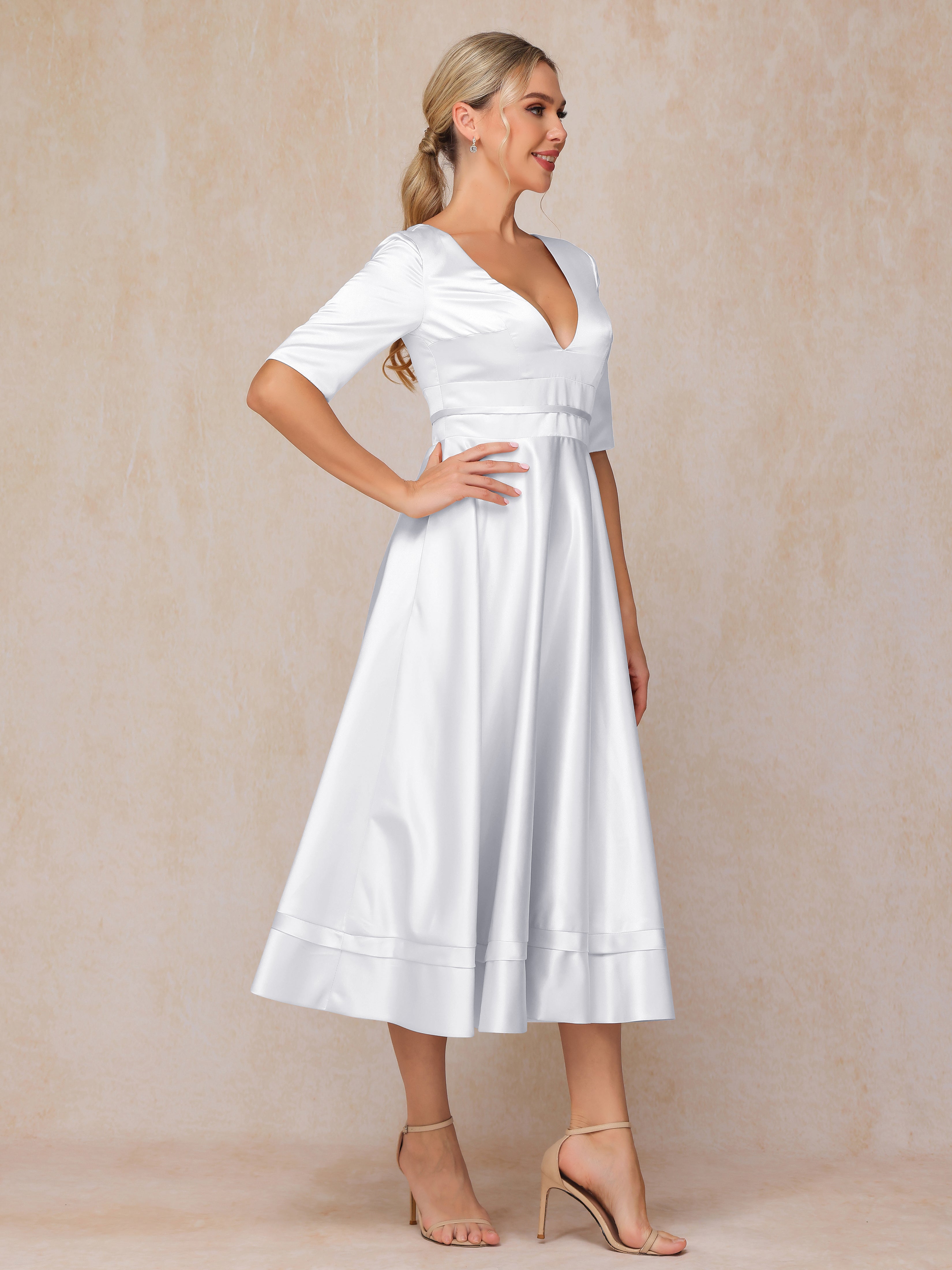 V Neck Short Sleeves Tea Length Satin Mother Of The Bride Dress