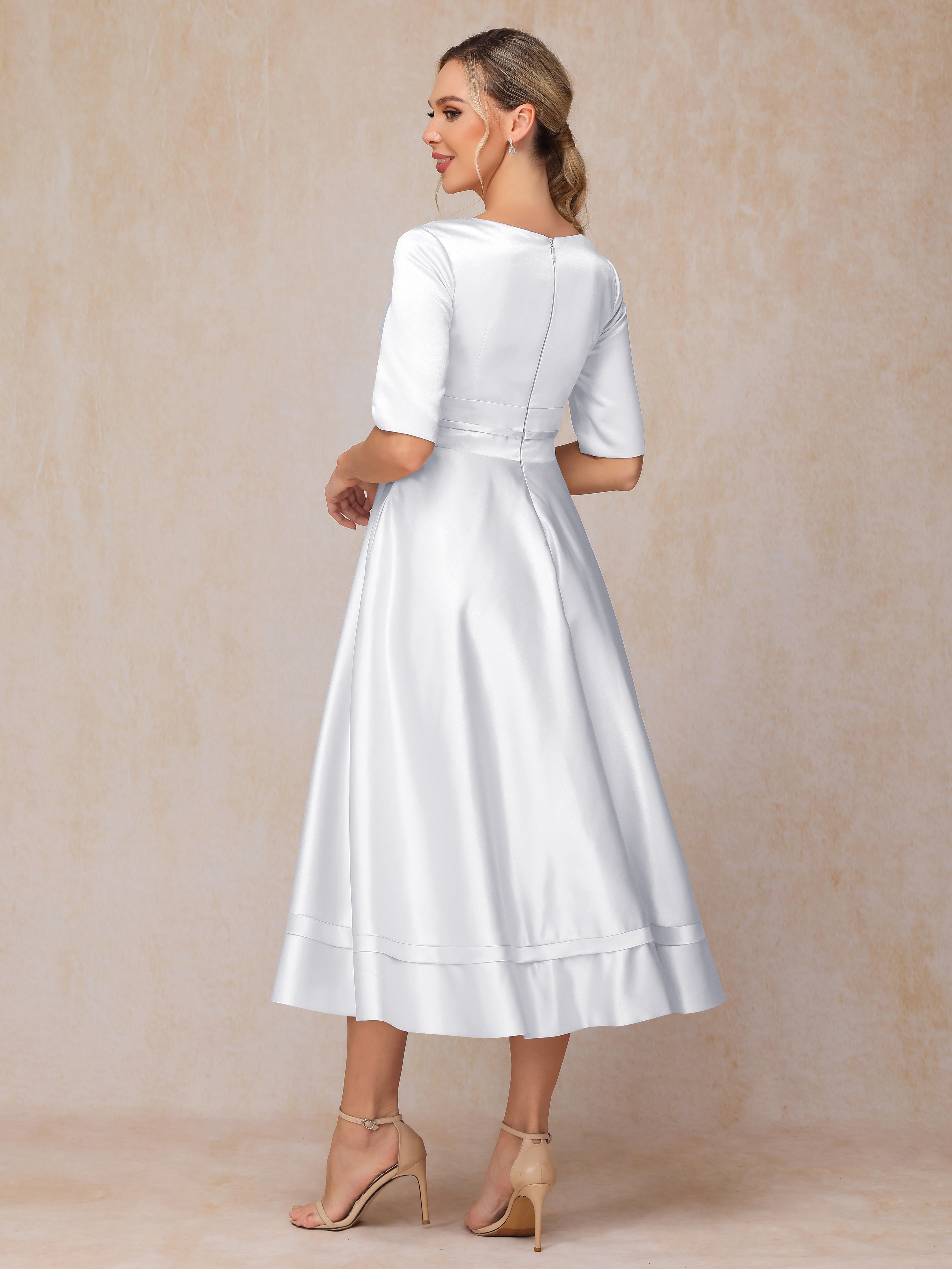 V Neck Short Sleeves Tea Length Satin Mother Of The Bride Dress