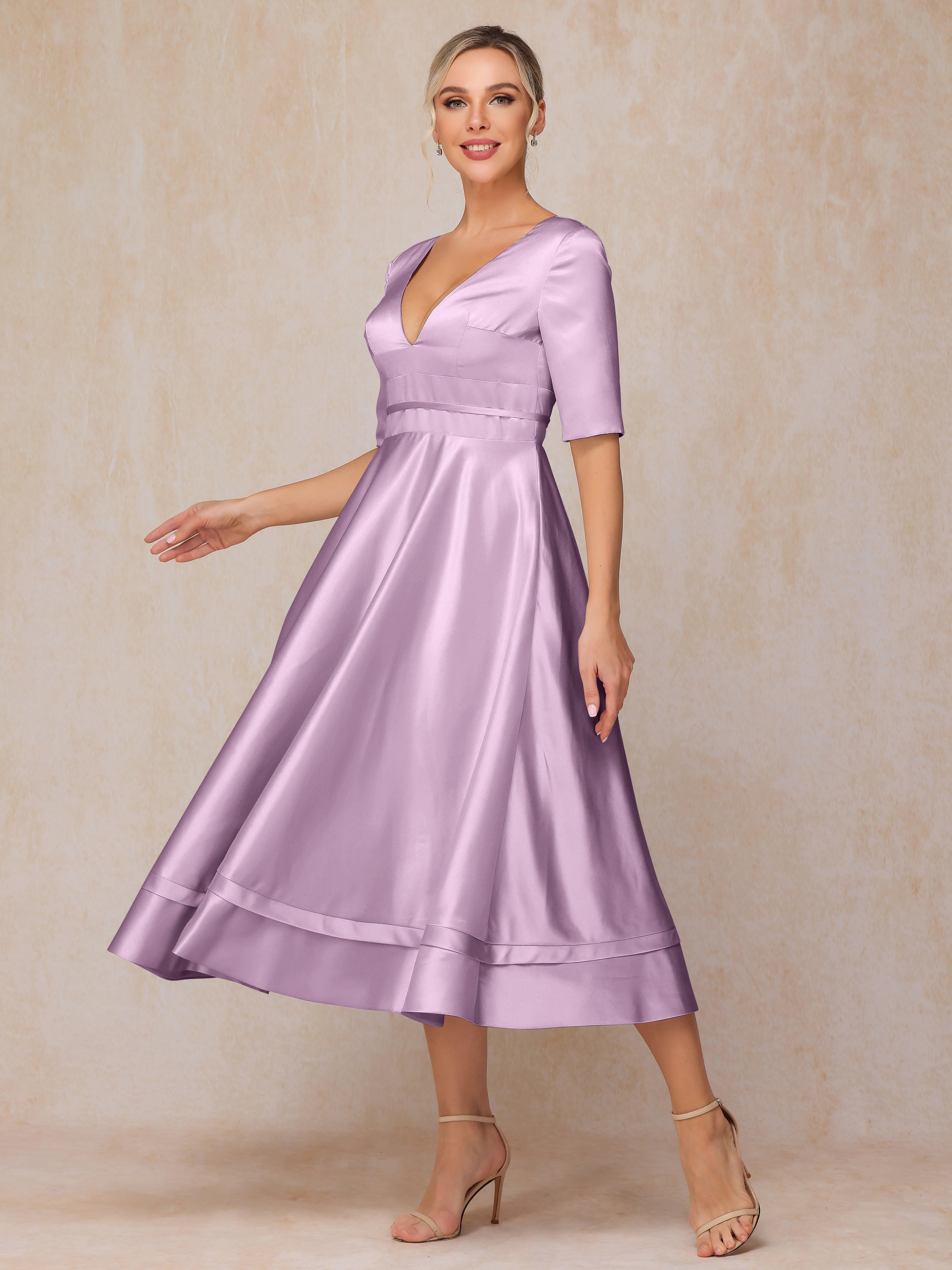 V Neck Short Sleeves Tea Length Satin Mother Of The Bride Dress