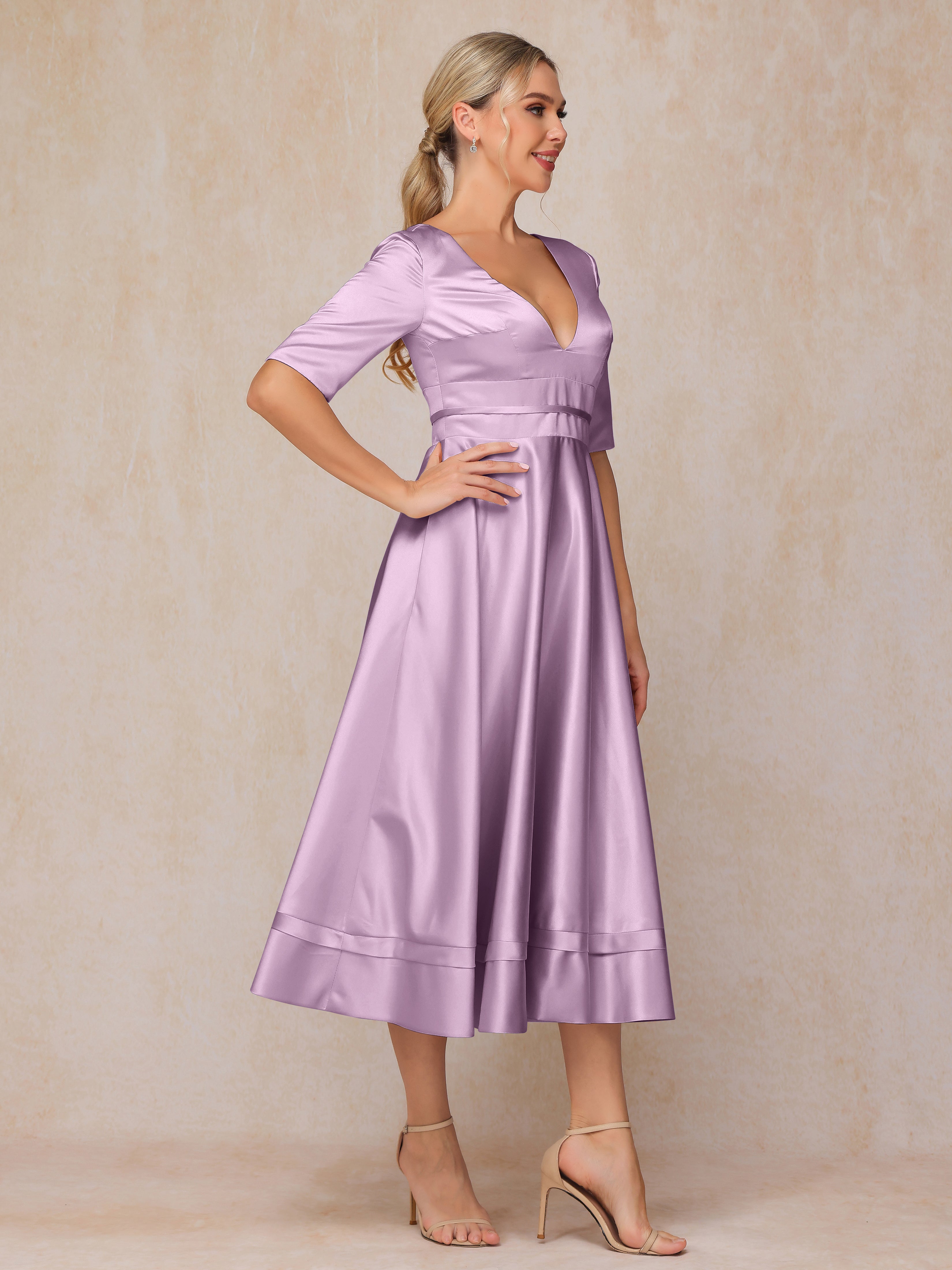 V Neck Short Sleeves Tea Length Satin Mother Of The Bride Dress