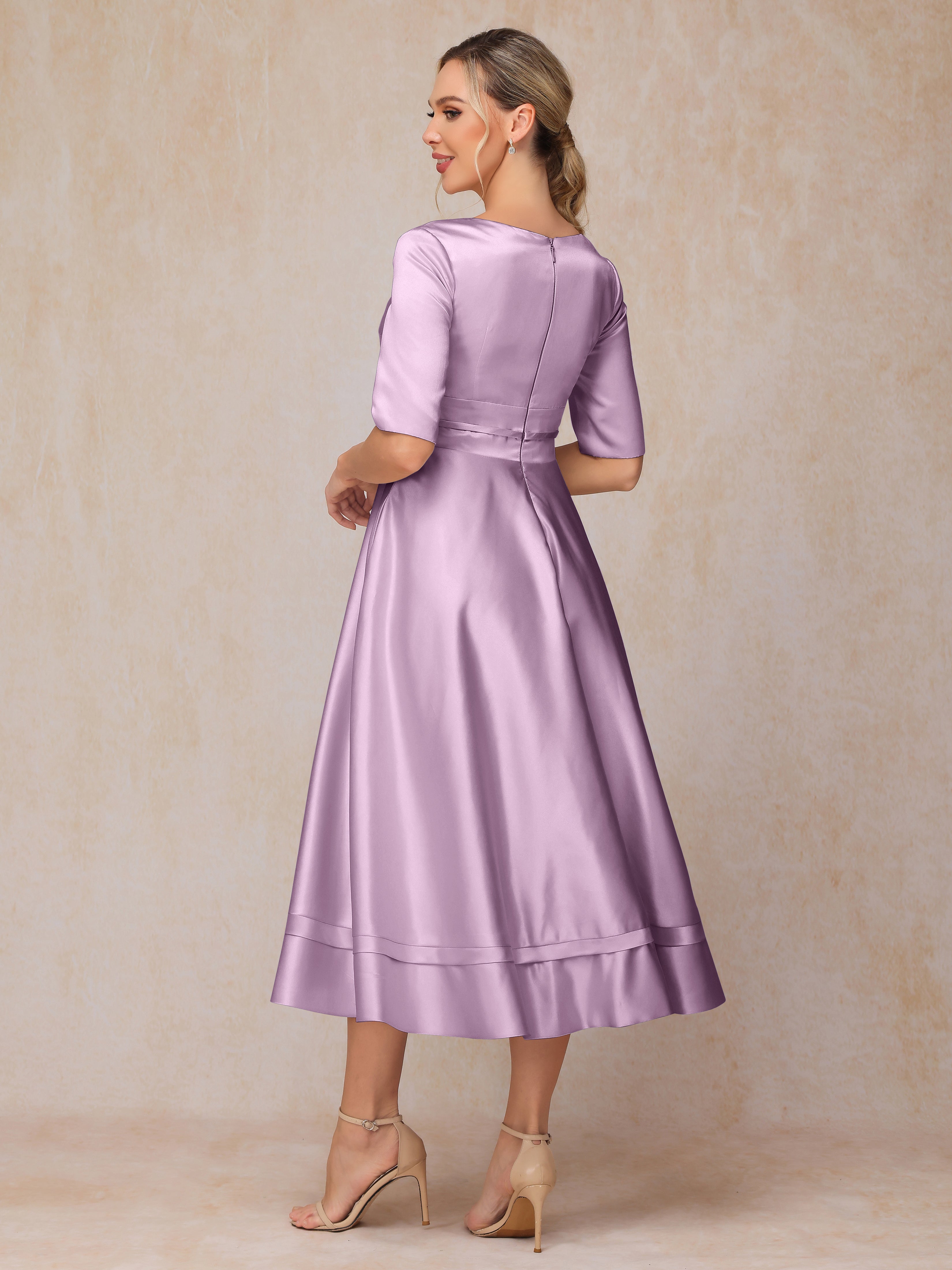 V Neck Short Sleeves Tea Length Satin Mother Of The Bride Dress