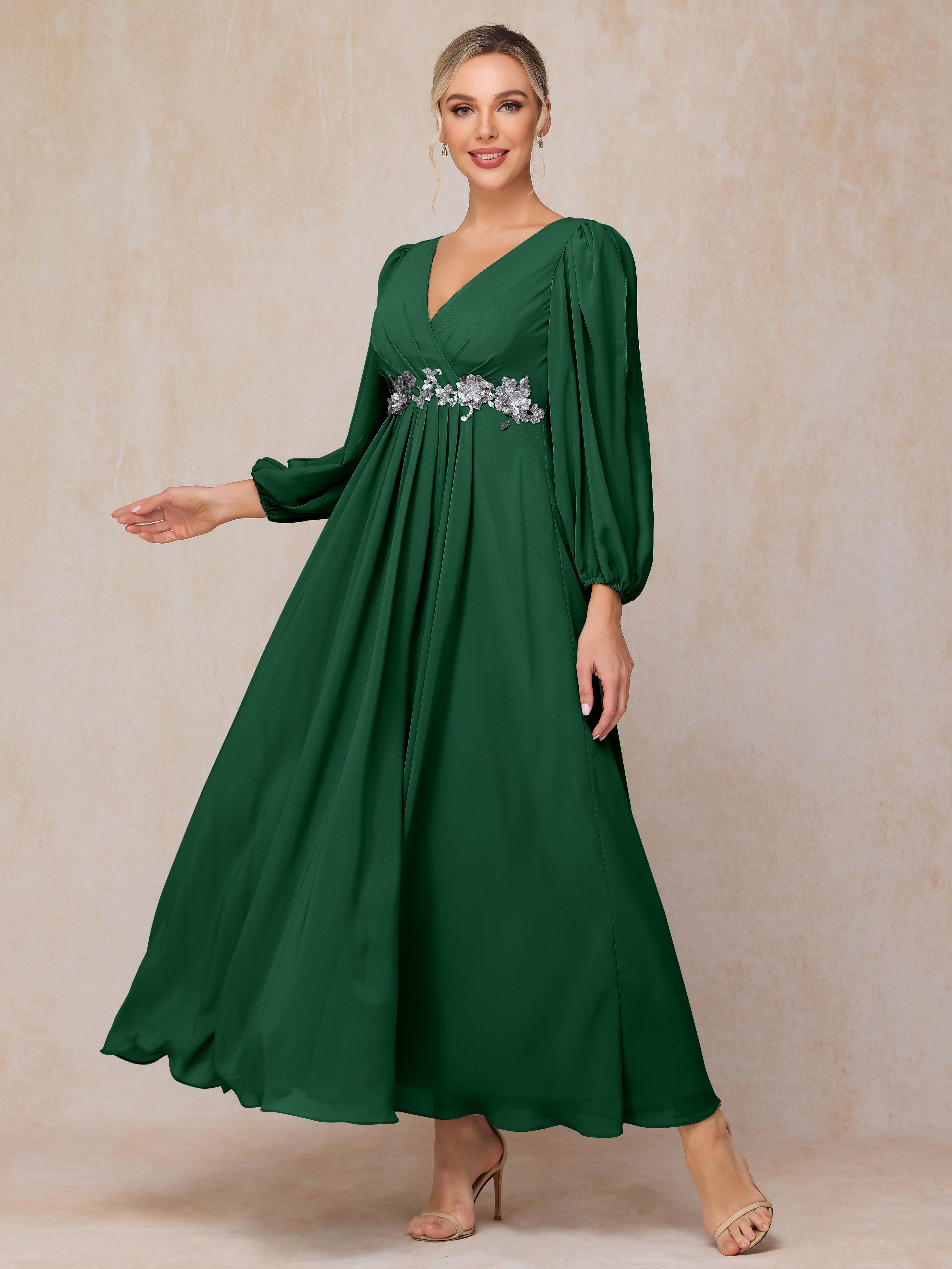 Long Sleeves V Neck Ankle Length Chiffon Mother Of The Bride Dress