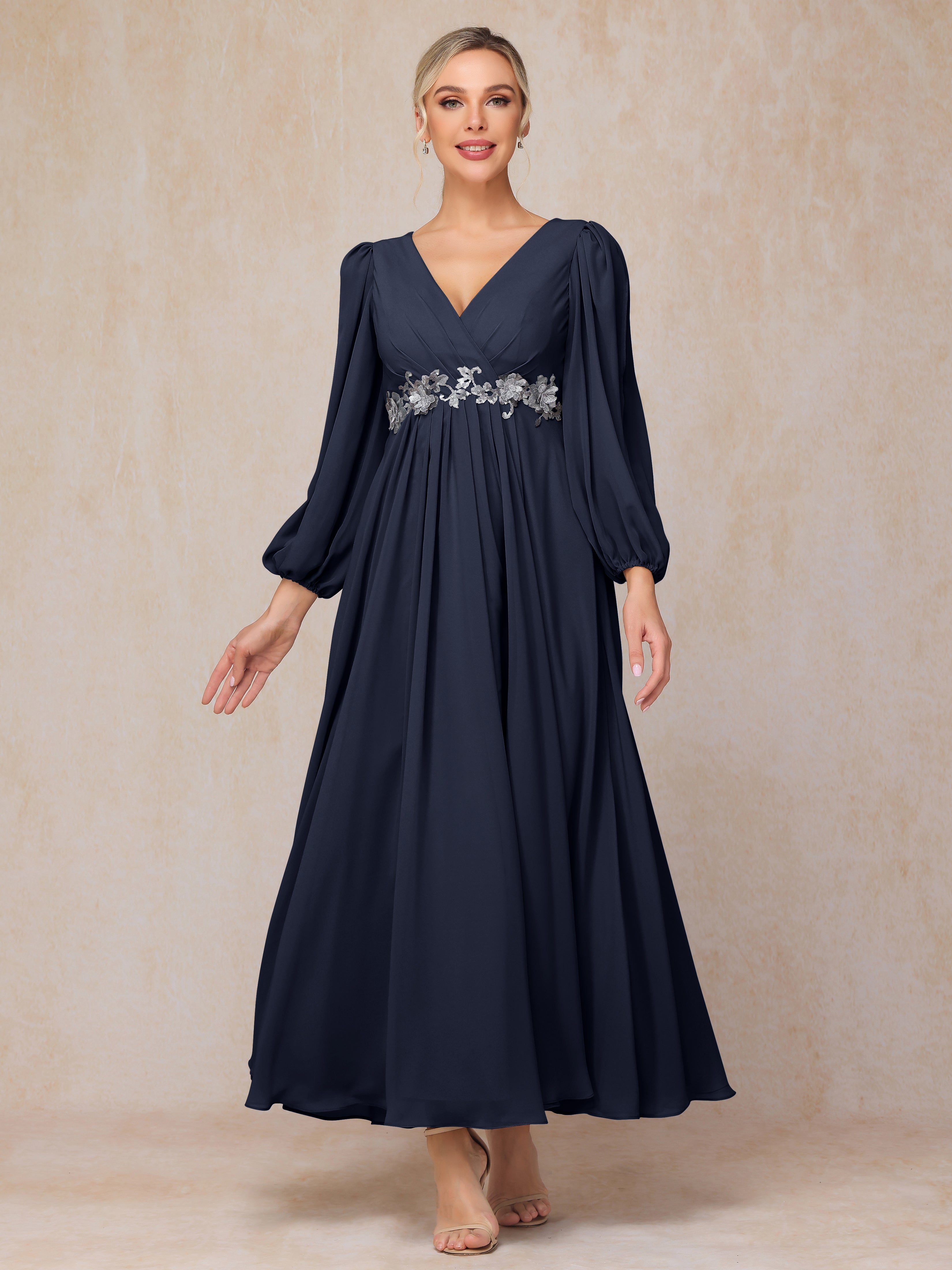 Long Sleeves V Neck Ankle Length Chiffon Mother Of The Groom Dress