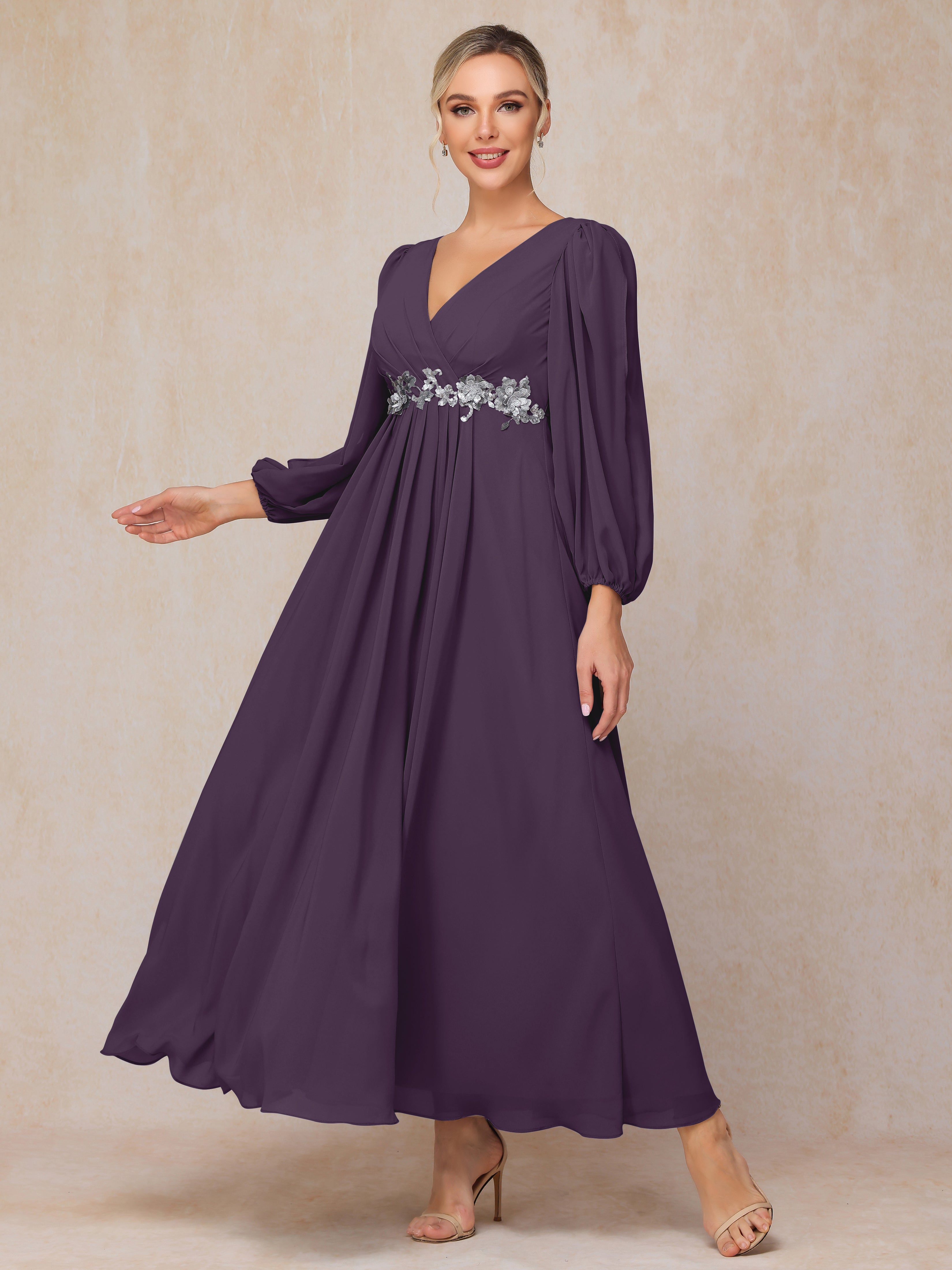 Long Sleeves V Neck Ankle Length Chiffon Mother Of The Bride Dress