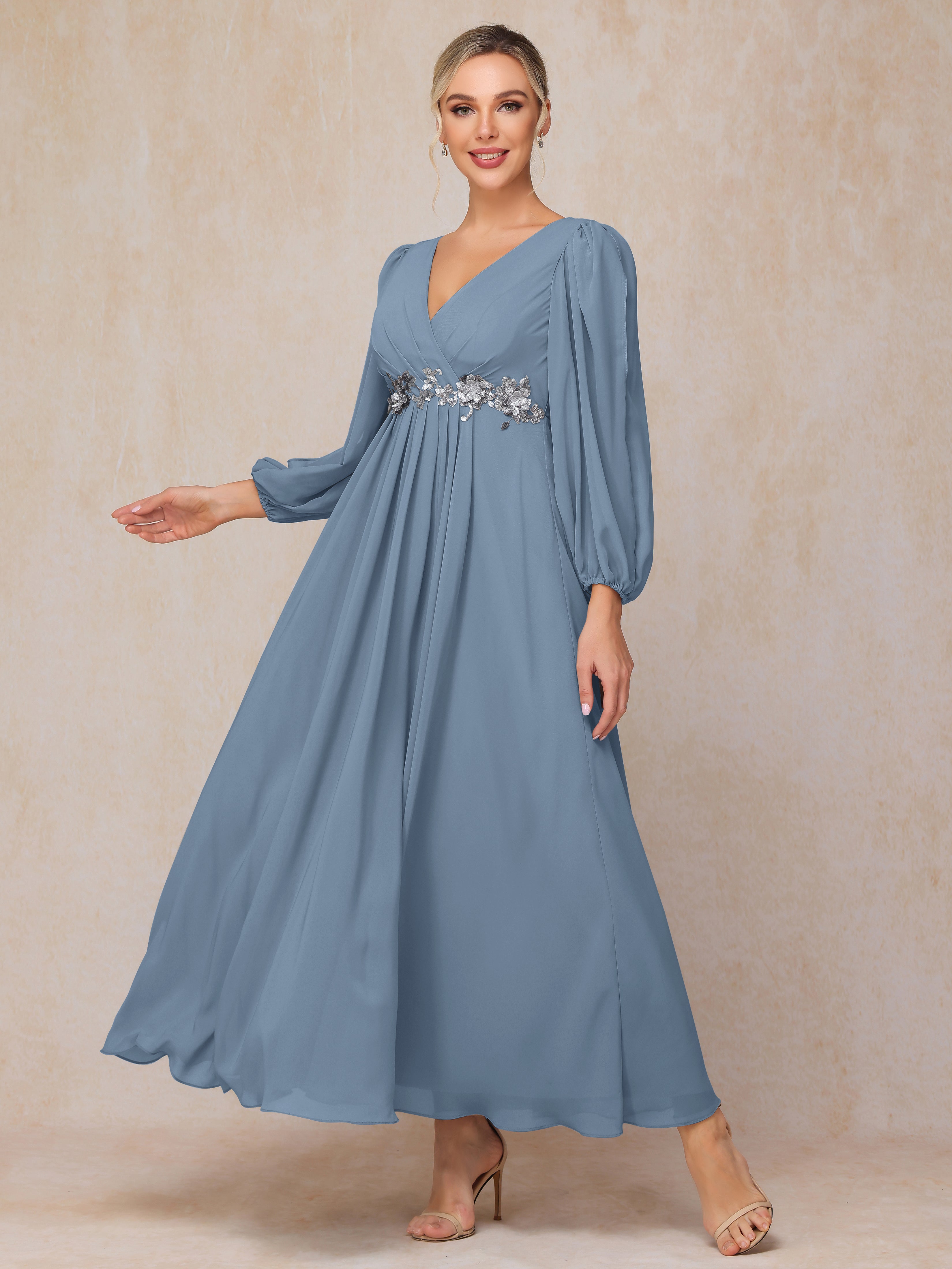 Long Sleeves V Neck Ankle Length Chiffon Mother Of The Bride Dress
