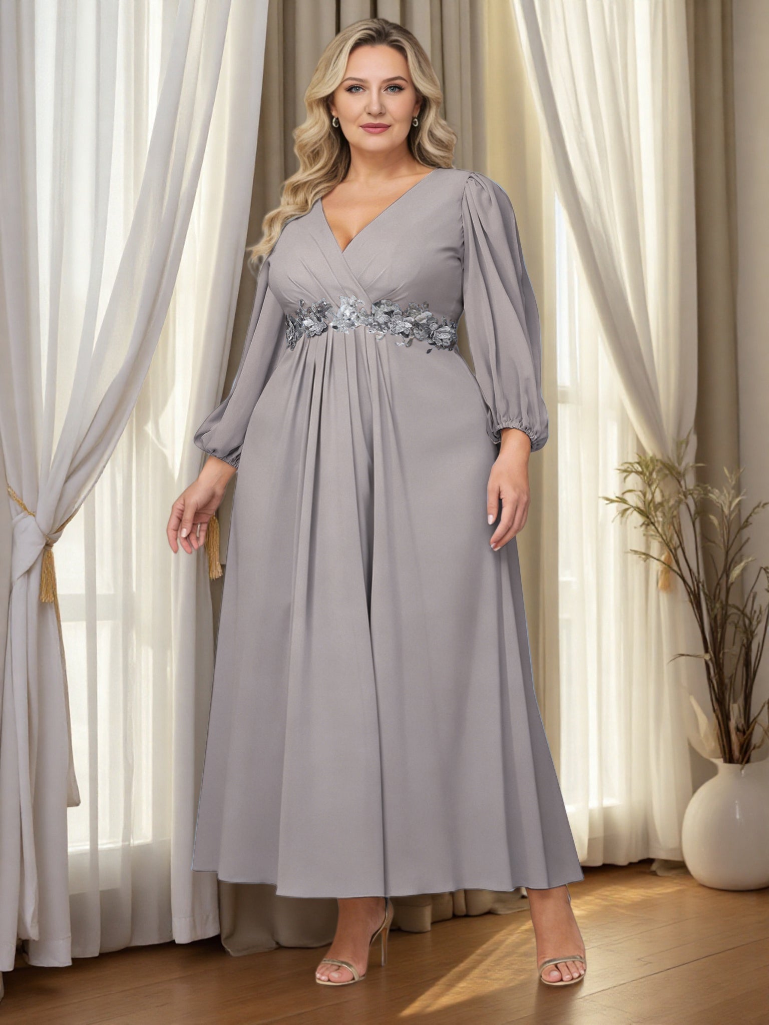 Cicinia Silver Mother Of The Bride Dress Plus Size Long Chiffon Appliques Lace A-line Ankle Length Cicinia Silver Mother Of The Bride Dress Plus Size Long Chiffon Appliques Lace A-line Ankle Length