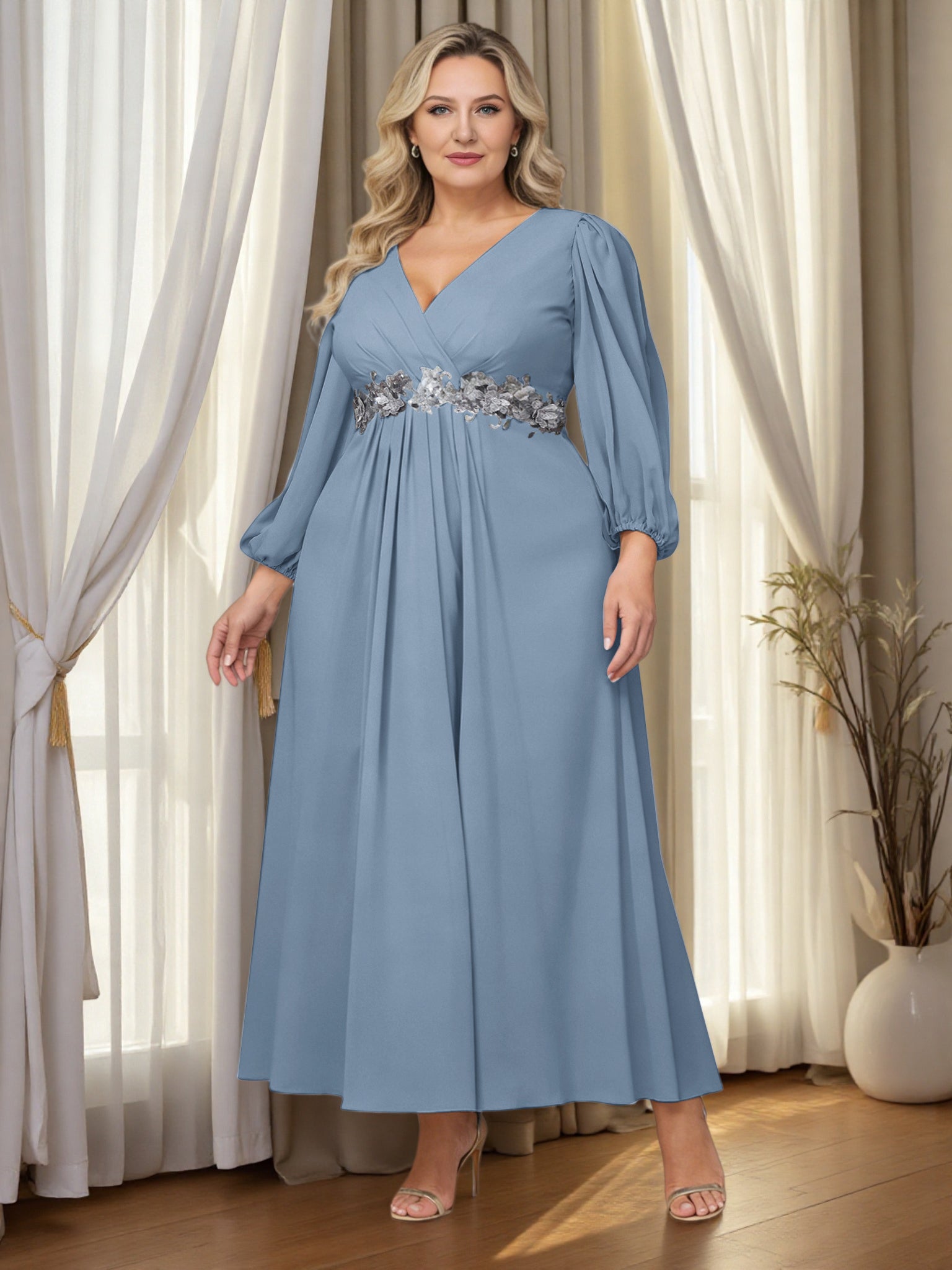 slate blue mother of the bride dress Cicinia Slate Blue Mother Of The Bride Dress Plus Size Long Chiffon Appliques Lace A-line Ankle Length