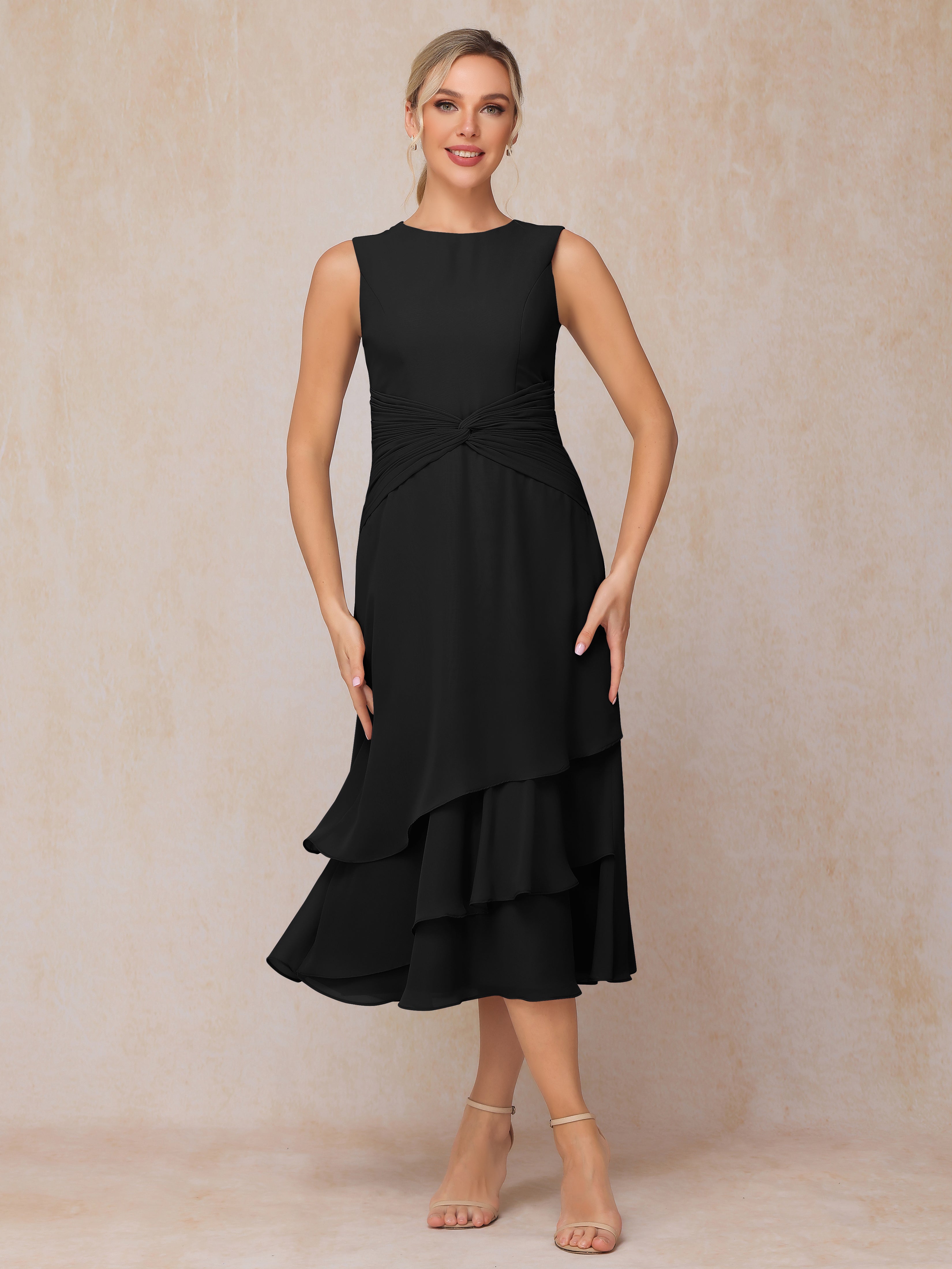 2 Pieces Tea Length Long Sleeves Chiffon Mother Of The Groom Dress