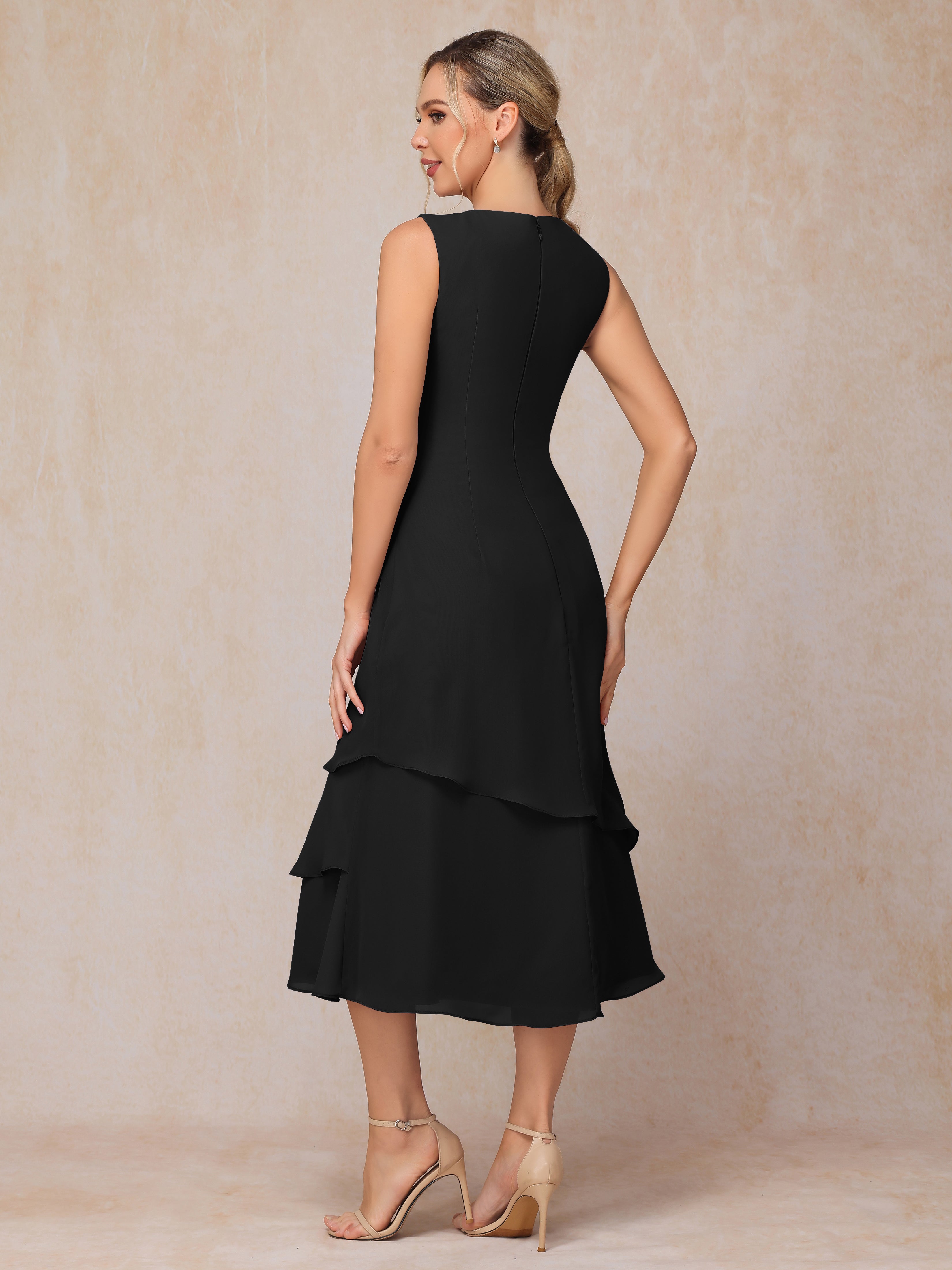 2 Pieces Tea Length Long Sleeves Chiffon Mother Of The Groom Dress