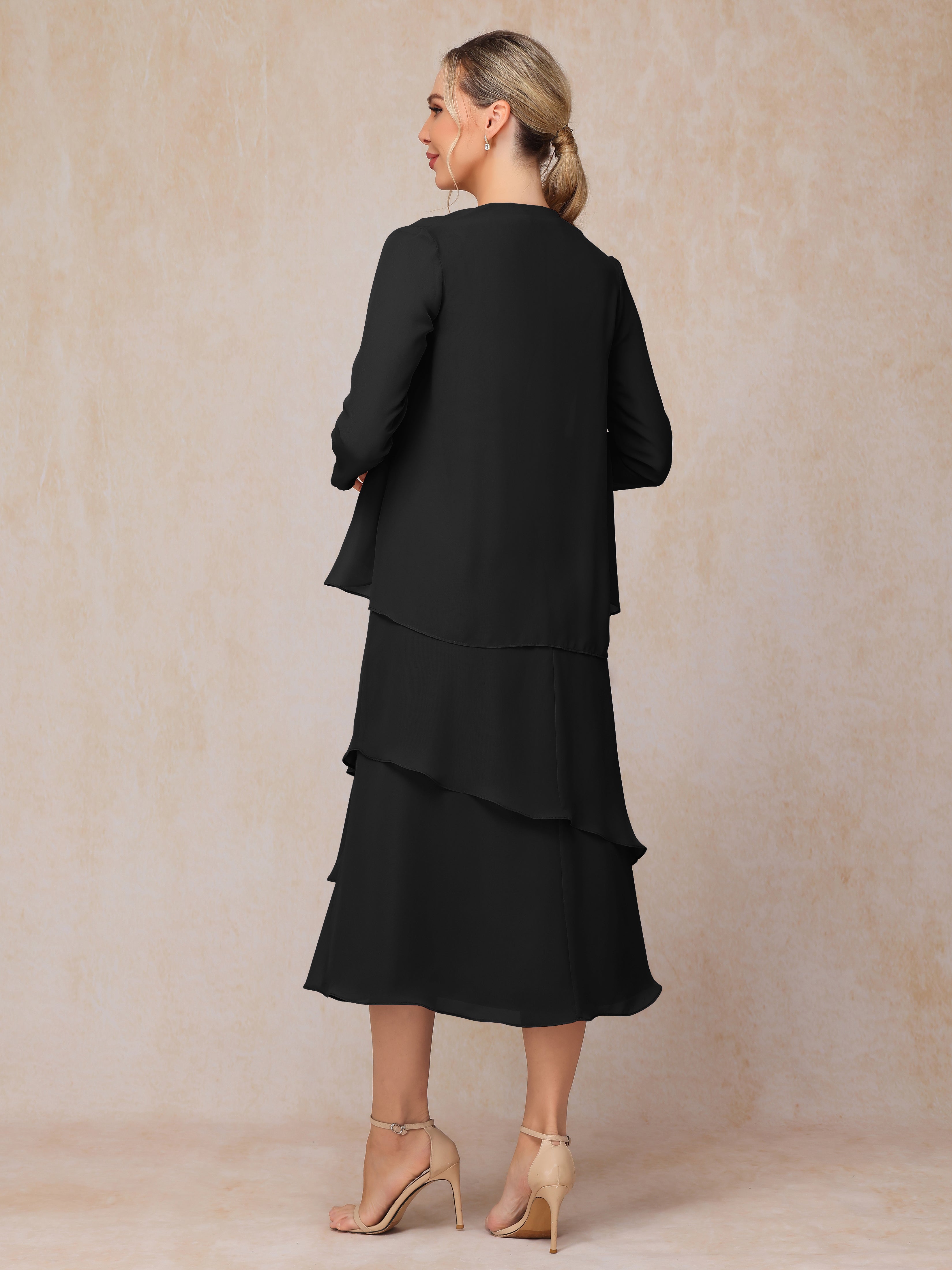 2 Pieces Tea Length Long Sleeves Chiffon Mother Of The Bride Dress