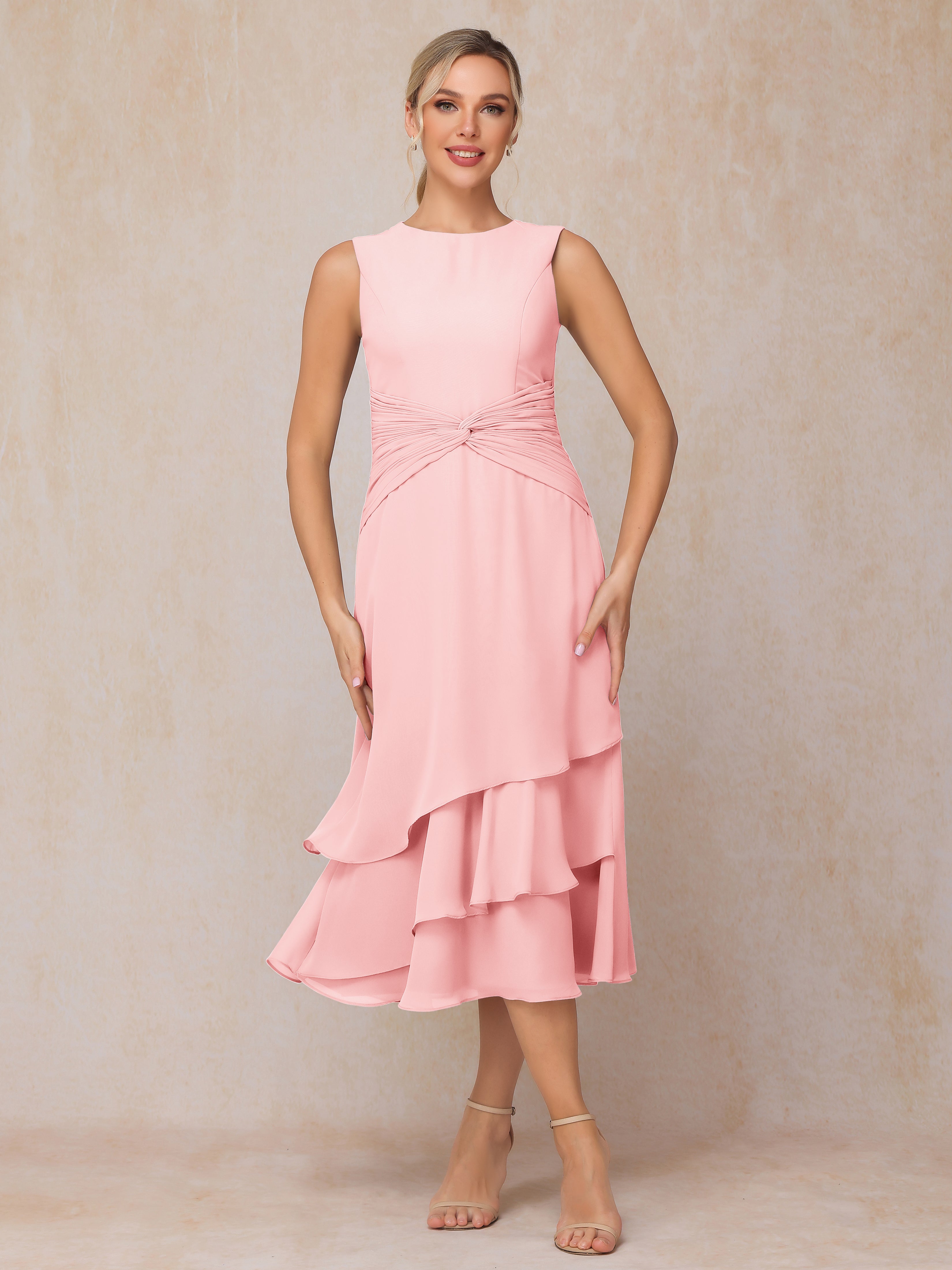 2 Pieces Tea Length Long Sleeves Chiffon Mother Of The Groom Dress